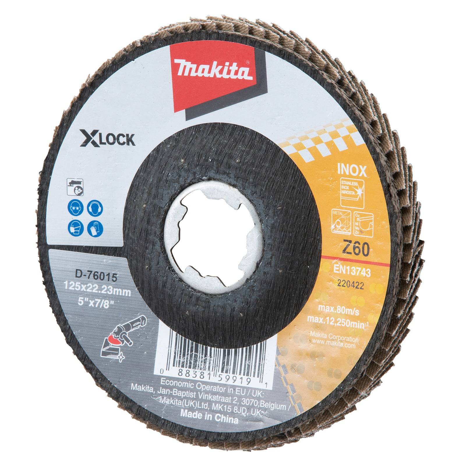 Makita X-Lock INOX Lamellenschleifscheibe 125mm Modell D-76015 für Metall, max 80m/s, Körnung Z60, hergestellt in China. Enthält Sicherheitssymbole und Spezifikationen.