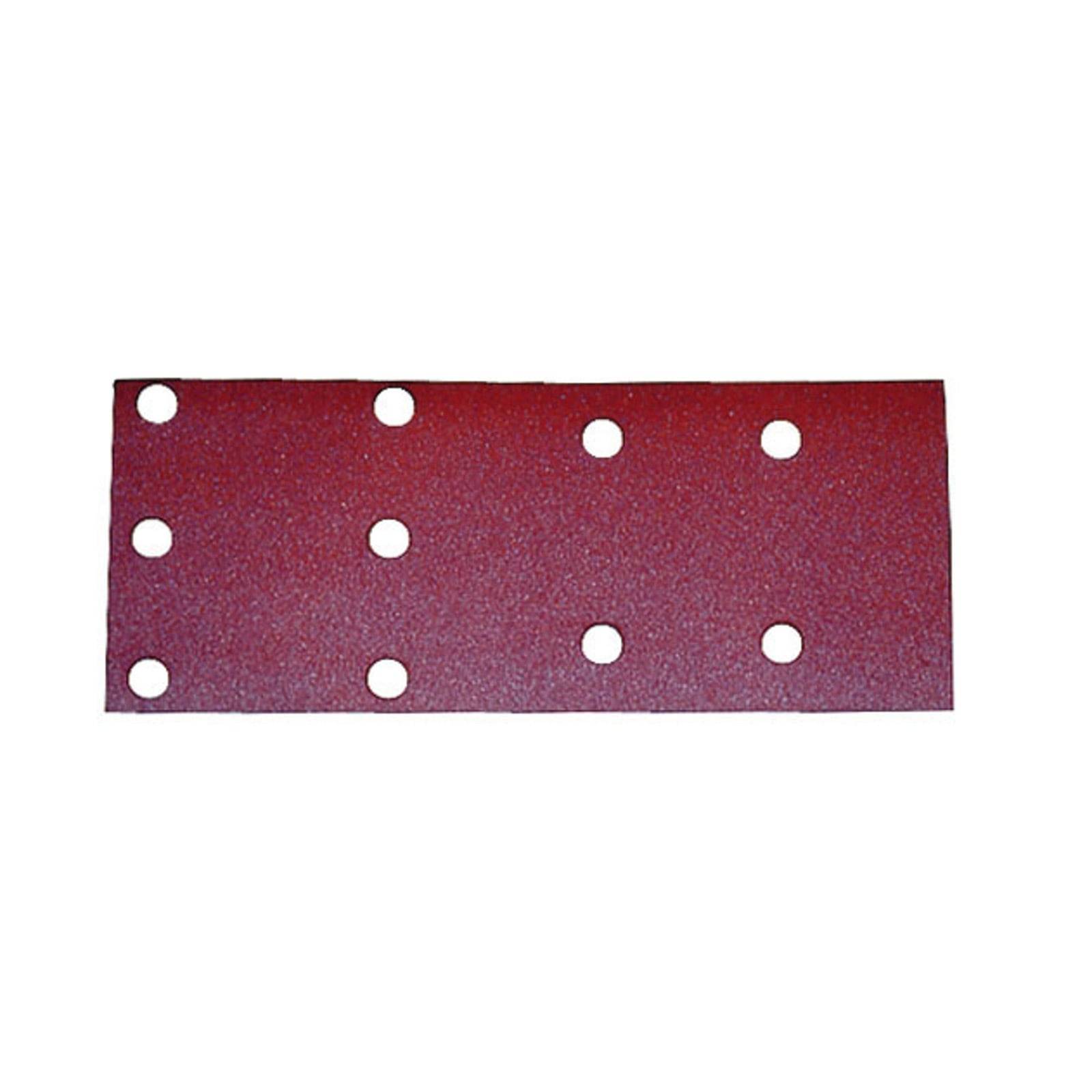 Rotes rechteckiges Schleifpapier mit zehn gleichmäßig in zwei Reihen von je fünf Löchern angeordneten Bohrlöchern, zum Schleifen von Oberflächen und kompatibel mit elektrischen Schleifgeräten.