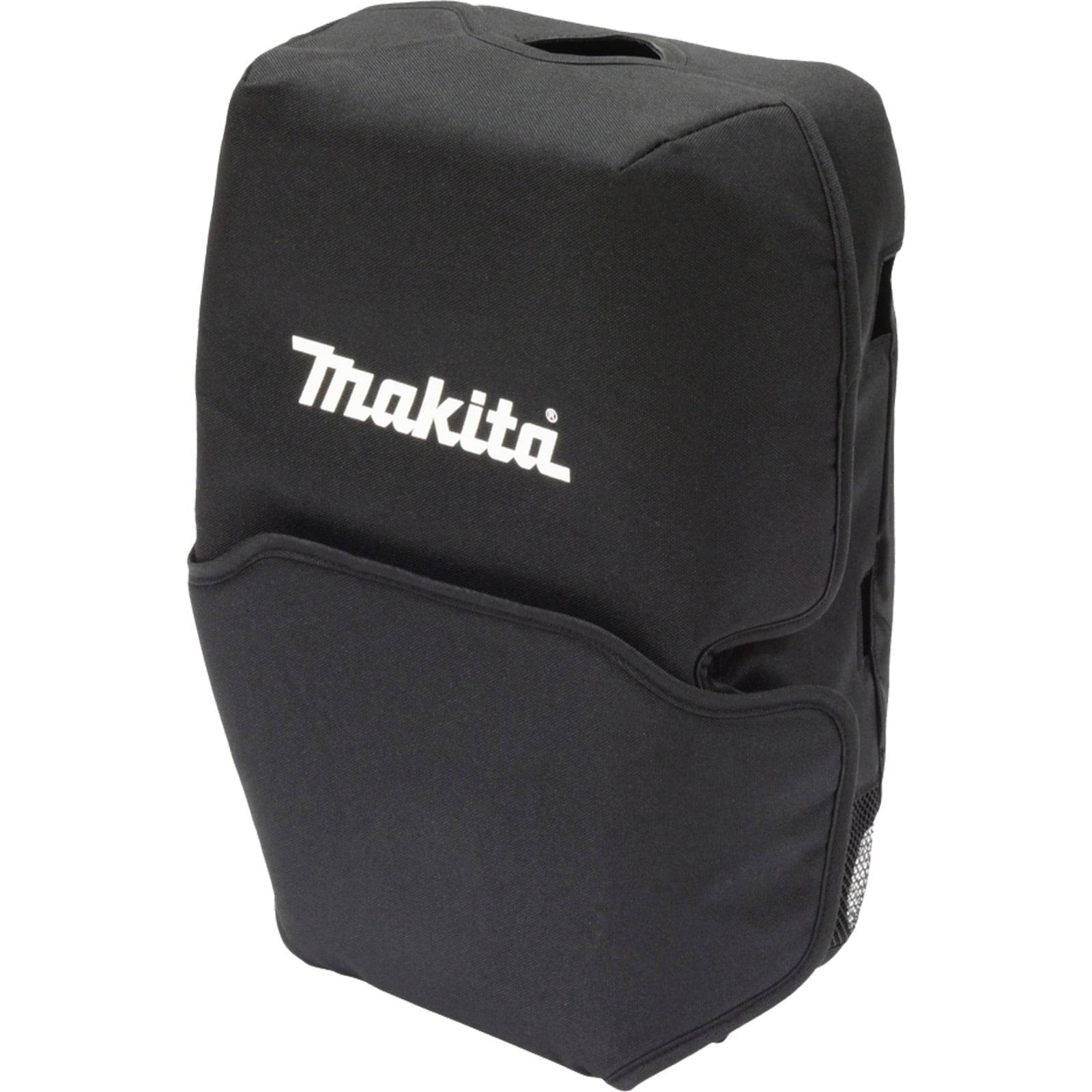 Eine schwarze Werkzeugtasche mit dem 'Makita' Logo in weiß, entwickelt zum Transport und Schutz von Werkzeugen, mit gepolsterter Außenseite für Langlebigkeit.