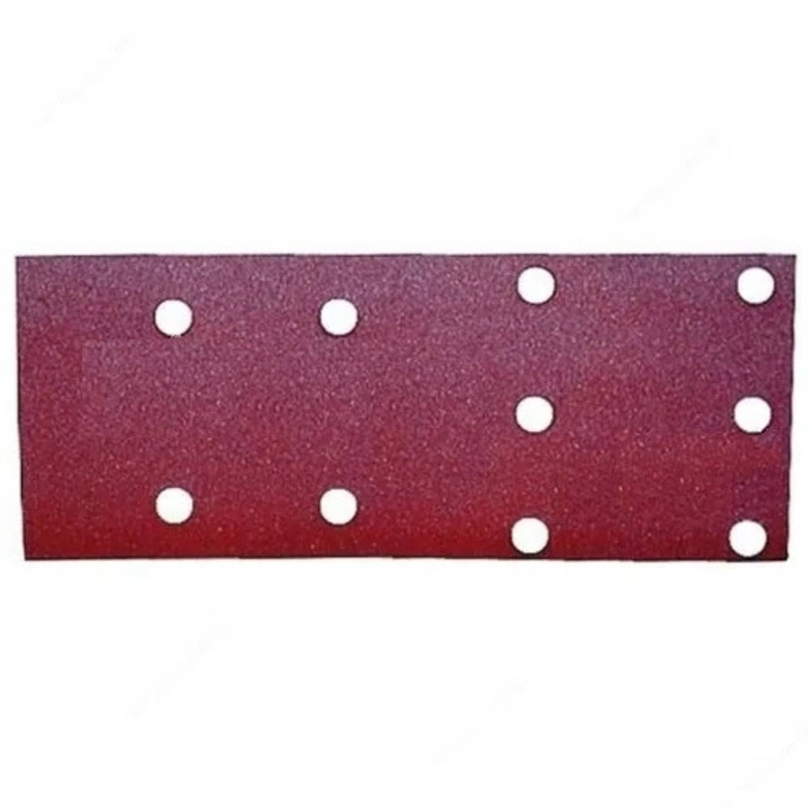Ein rotes rechteckiges Schleifpapierblatt mit zehn gleichmäßig verteilten Löchern, das zur Oberflächenglättung bei Bau- oder Holzbearbeitungsprojekten verwendet wird.
