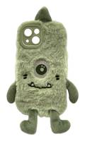 Ein flauschiges grünes Handyhülle in Form eines niedlichen Monsters mit einem Auge und einem lächelnden Mund.