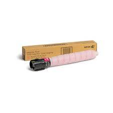 Rosa Toner-Patrone mit ihrer Kartonverpackung auf weißem Hintergrund.