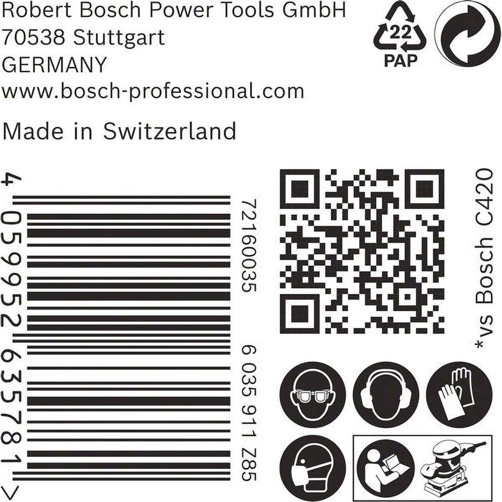Robert Bosch Power Tools GmbH, 70538 Stuttgart, Deutschland. www.bosch-professional.com. In der Schweiz hergestellt.' Barcode und QR-Code vorhanden.