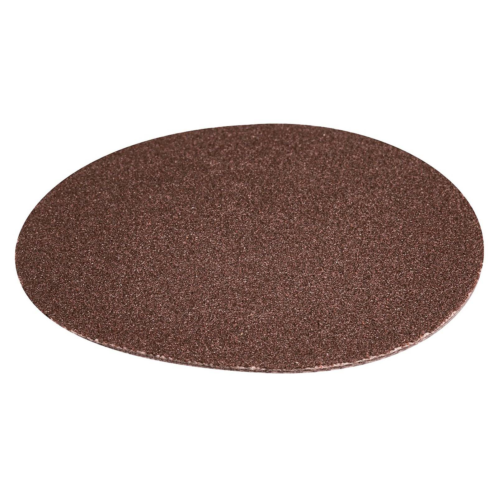 Eine runde, braune Schleifscheibe mit einer rauen Textur, die zum Glätten von Oberflächen bei Holz- oder Metallbearbeitungsprojekten verwendet wird.
