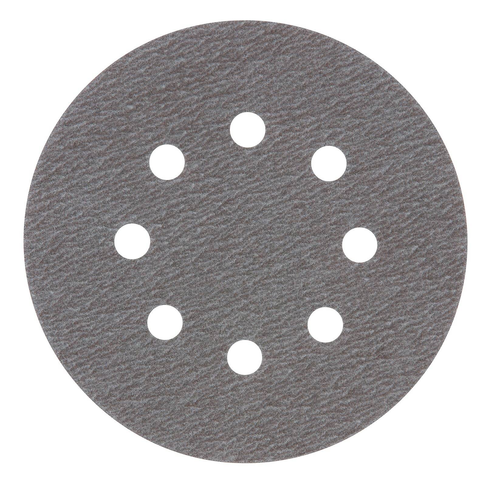 Runde Schleifpapier-Scheibe mit acht gleichmäßig verteilten Löchern zur Staubbentfernung, die zum Glätten von Oberflächen verwendet wird, wenn sie an einem Schleifgerät befestigt ist.