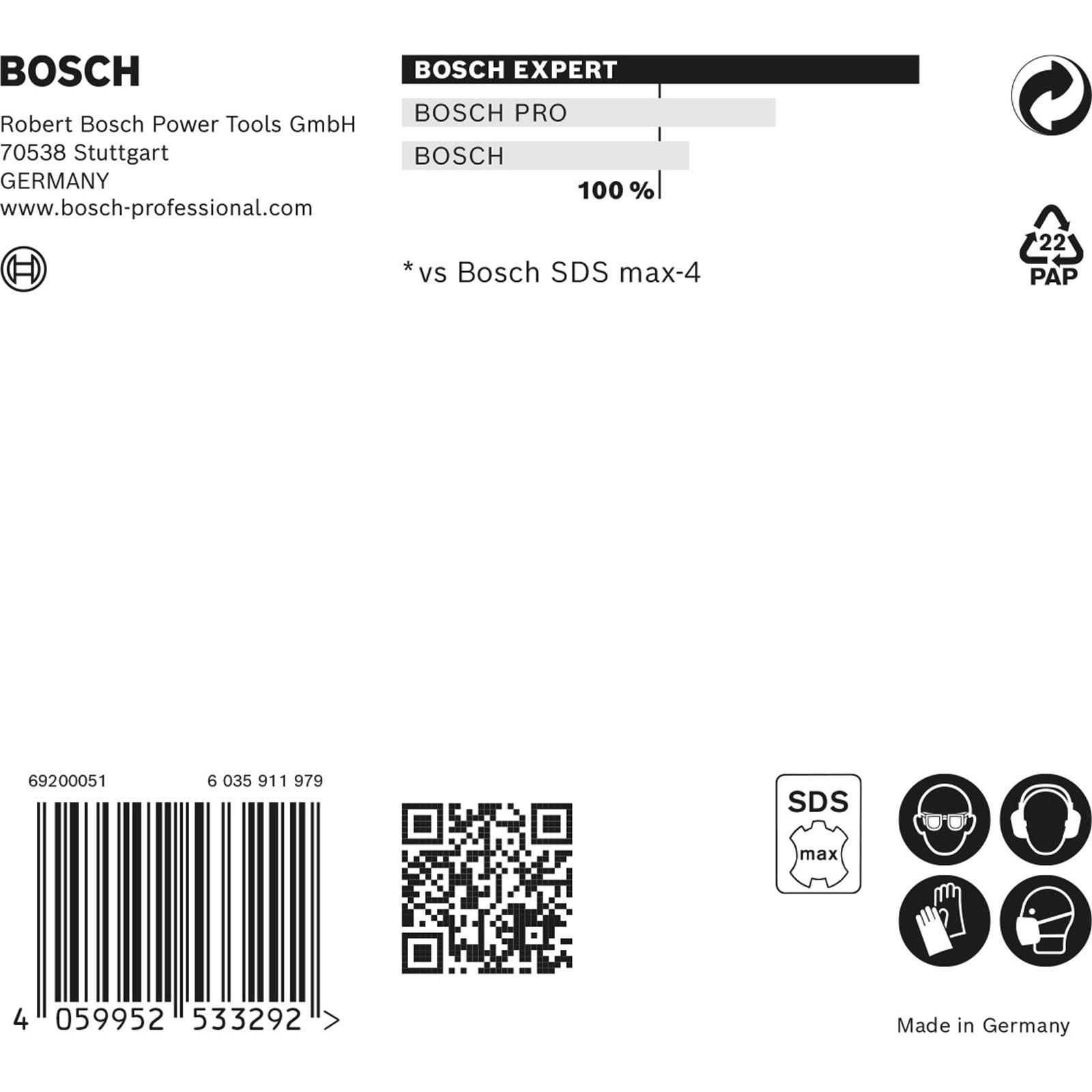 Verpackung der Marke 'Bosch' mit Kontaktinformationen, Produktcode und Recycling-Symbolen. Aufdruck von 'Bosch Expert' und 'Bosch SDS max-4'. Hergestellt in Deutschland.