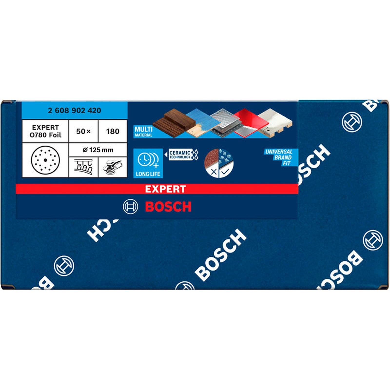 Bosch Expert 0780 Folienpack. Merkmale umfassen 'Multi Material', 'Keramiktechnologie' und 'Lange Lebensdauer'. Enthält 50 Scheiben, jeweils 125 mm.
