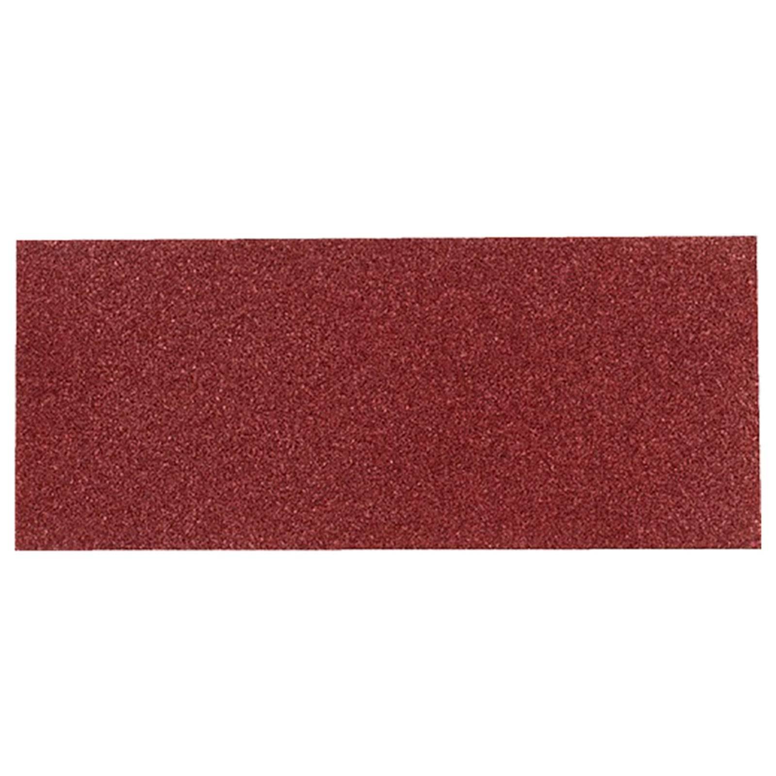 Ein rechteckiges Stück rotes Schleifpapier, das üblicherweise zum Glätten von Oberflächen oder zum Entfernen von Farbe von Holz- oder Metallobjekten verwendet wird.