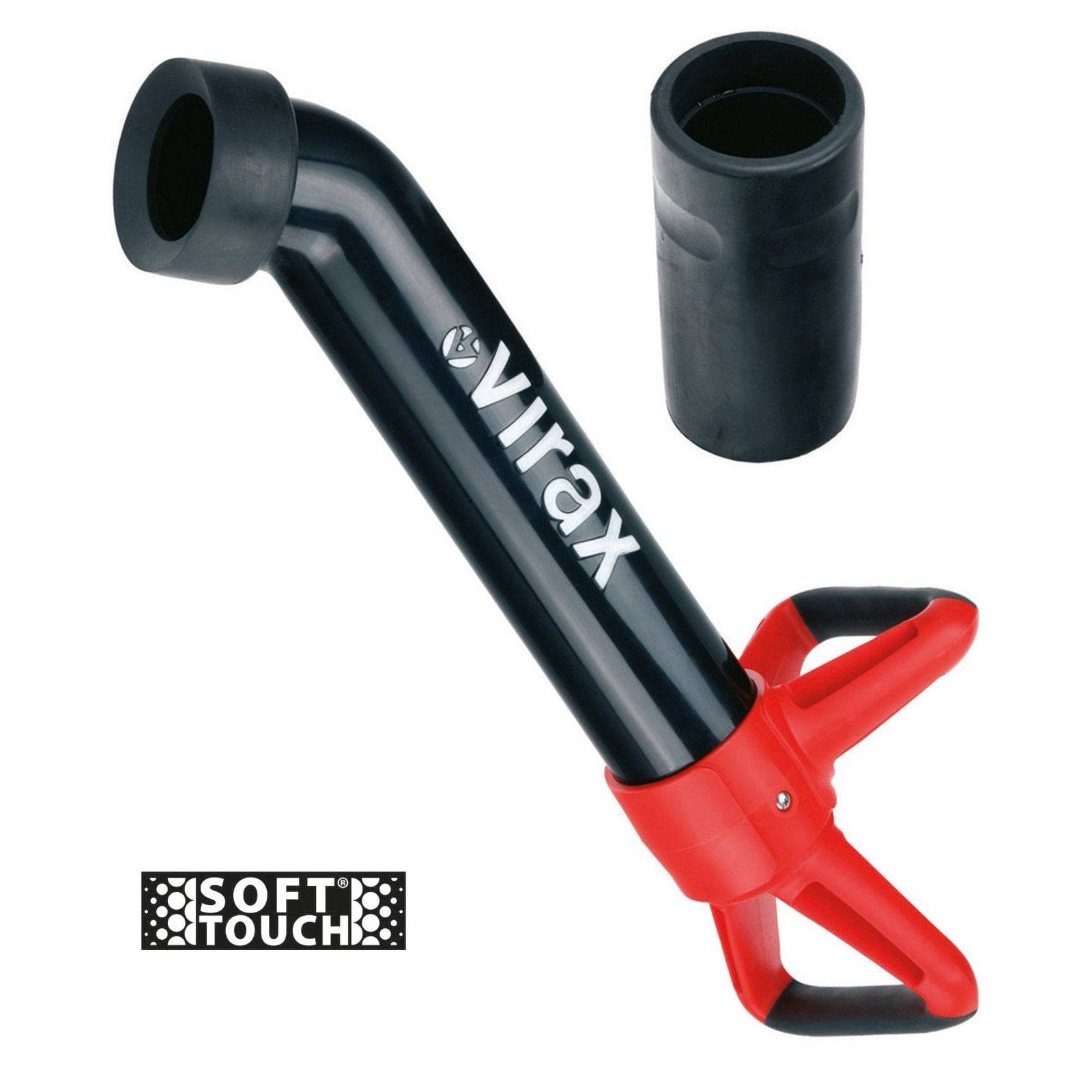 Sanitärwerkzeug der Marke 'Virax' mit einem schwarzen und roten ergonomischen Griff und einer separaten Gummiummantelung, versehen mit der Aufschrift 'Soft Touch'.