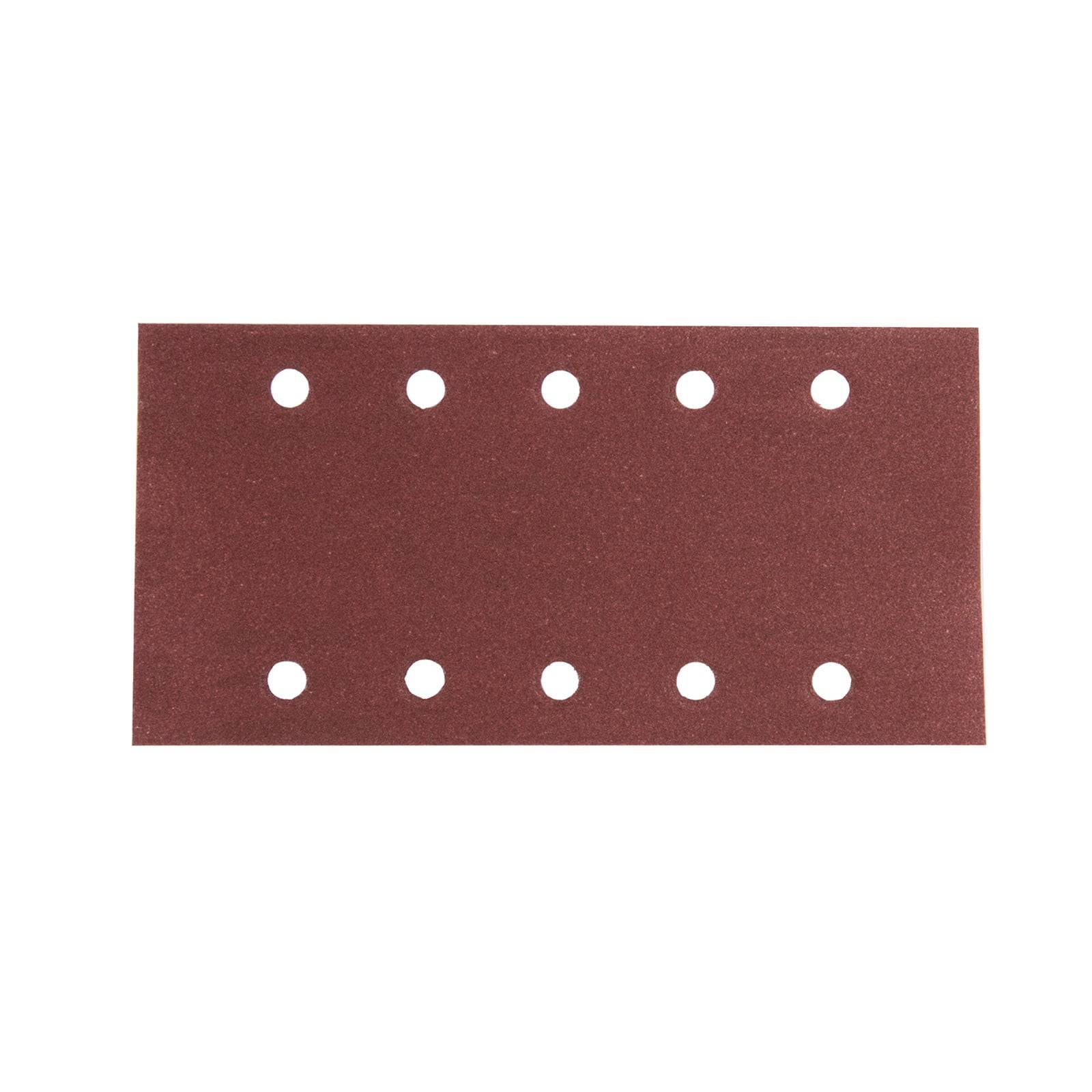 Ein rechteckiges Blatt Schleifpapier in brauner Farbe mit acht gleichmäßig verteilten Löchern, das zum Schleifen von Oberflächen in der Holzbearbeitung und anderen Projekten verwendet wird.