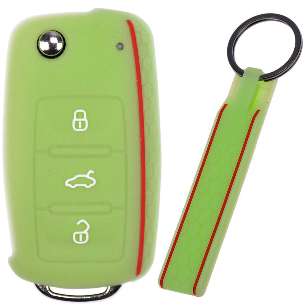 Auto Schlüssel Silikon Schutz Hülle + Schlüsselband im Wabe Design Fluoreszierend Grün kompatibel mit VW SEAT Skoda Golf 6 Octavia UP Leon 3 Taste