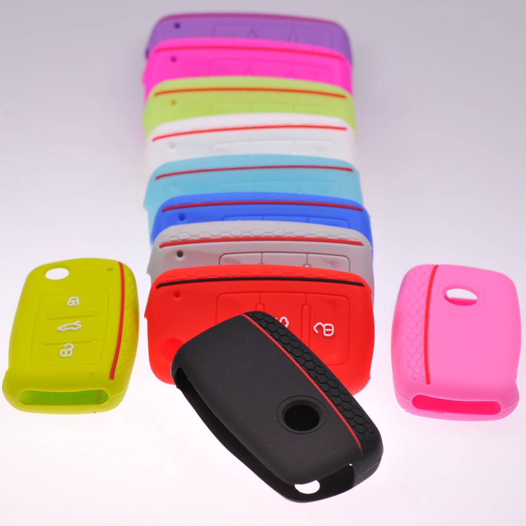 Auto Schlüssel Silikon Schutz Hülle + Schlüsselband im Wabe Design Fluoreszierend Grün kompatibel mit VW SEAT Skoda Golf 6 Octavia UP Leon 3 Taste