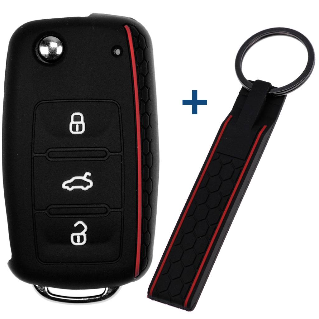 Auto Schlüssel Silikon Schutz Hülle + Schlüsselband im Wabe Design Schwarz kompatibel mit VW SEAT Skoda Golf 6 Octavia UP Leon 3 Tasten Klappschlü