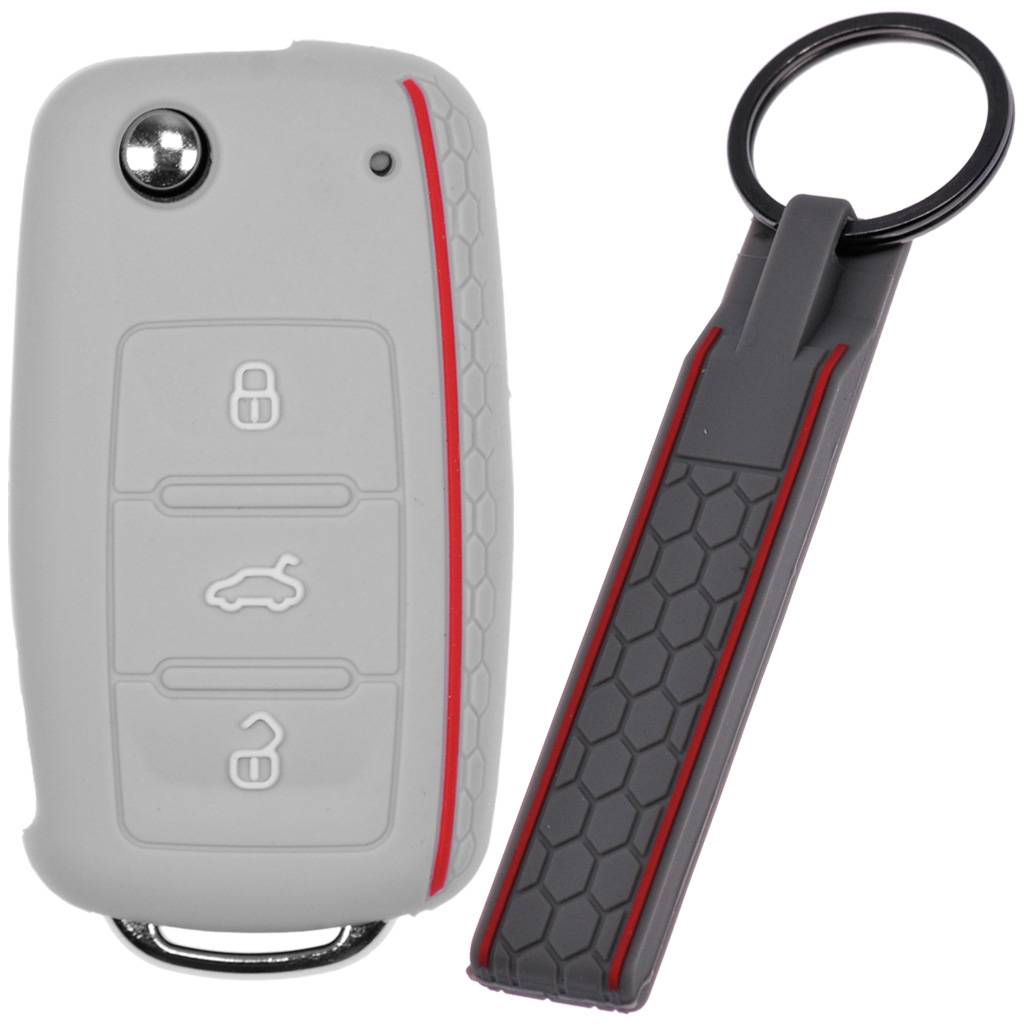 Auto Schlüssel Silikon Schutz Hülle + Schlüsselband im Wabe Design Grau kompatibel mit VW SEAT Skoda Golf 6 Octavia UP Leon 3 Tasten Klappschlüsse