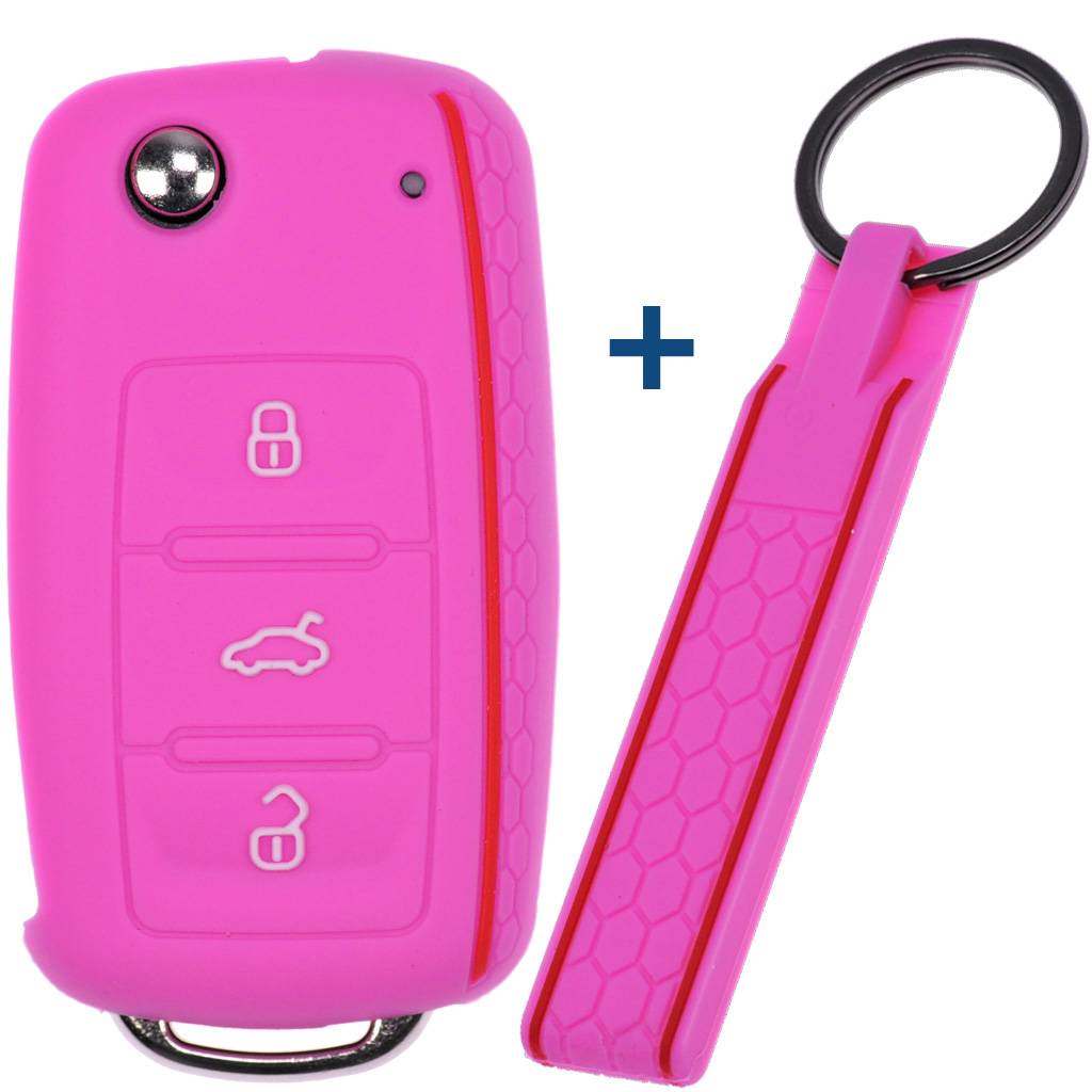 Auto Schlüssel Silikon Schutz Hülle + Schlüsselband im Wabe Design Pink kompatibel mit VW SEAT Skoda Golf 6 Octavia UP Leon 3 Tasten Klappschlüsse