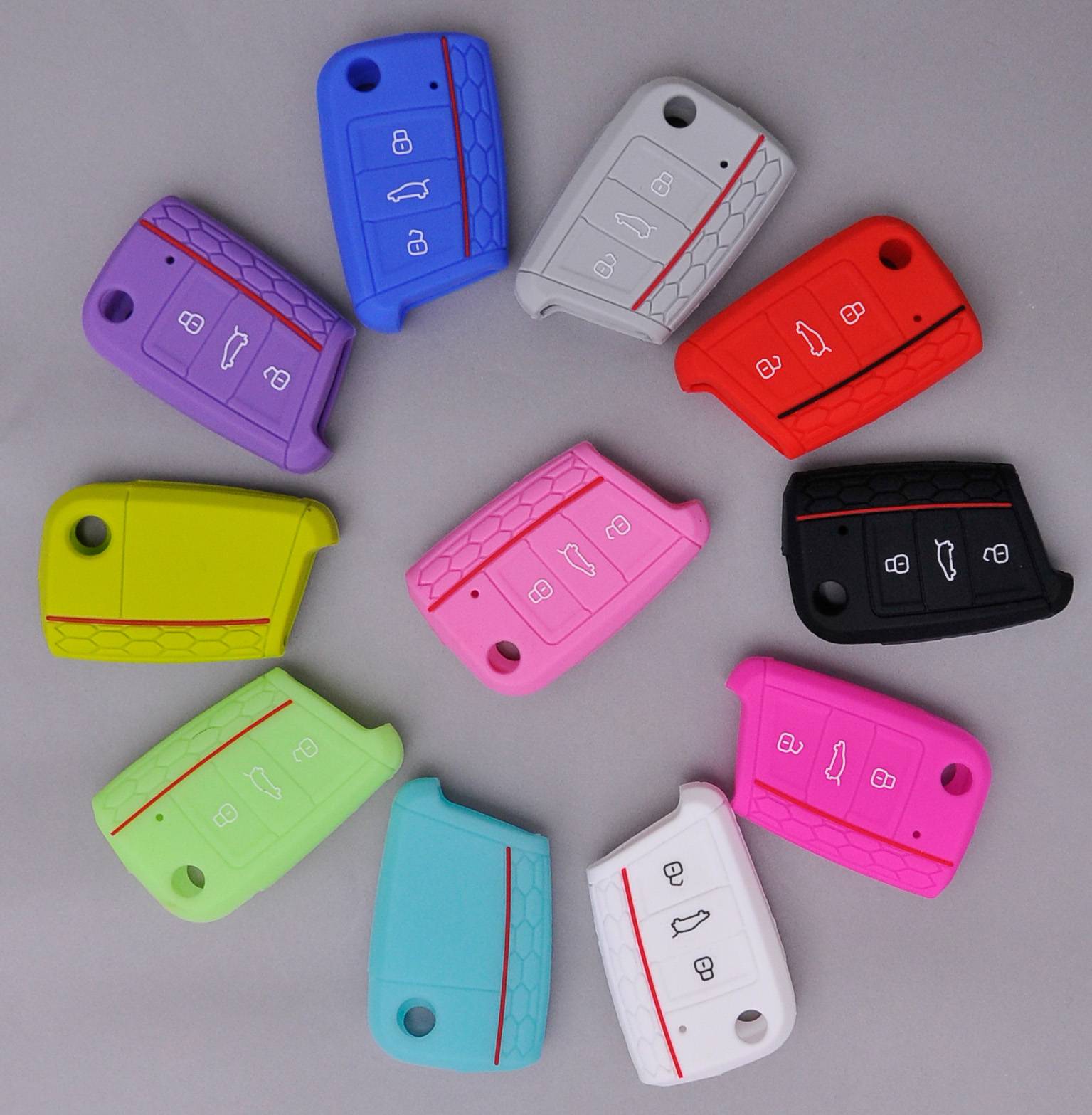 Auto Schlüssel Silikon Schutz Hülle + Schlüsselband im Wabe Design Fluoreszierend Grün kompatibel mit VW SEAT Skoda Golf 7 Leon Octavia 3 Tasten