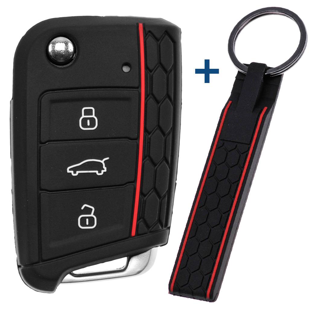 Auto Schlüssel Silikon Schutz Hülle + Schlüsselband im Wabe Design Schwarz kompatibel mit VW SEAT Skoda Golf 7 Leon Octavia 3 Tasten Klappschlüsse