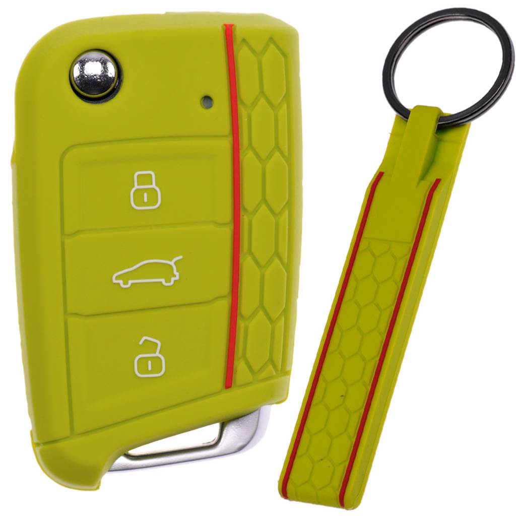 Auto Schlüssel Silikon Schutz Hülle + Schlüsselband im Wabe Design Apfelgrün kompatibel mit VW SEAT Skoda Golf 7 Leon Octavia 3 Tasten Klappschlü