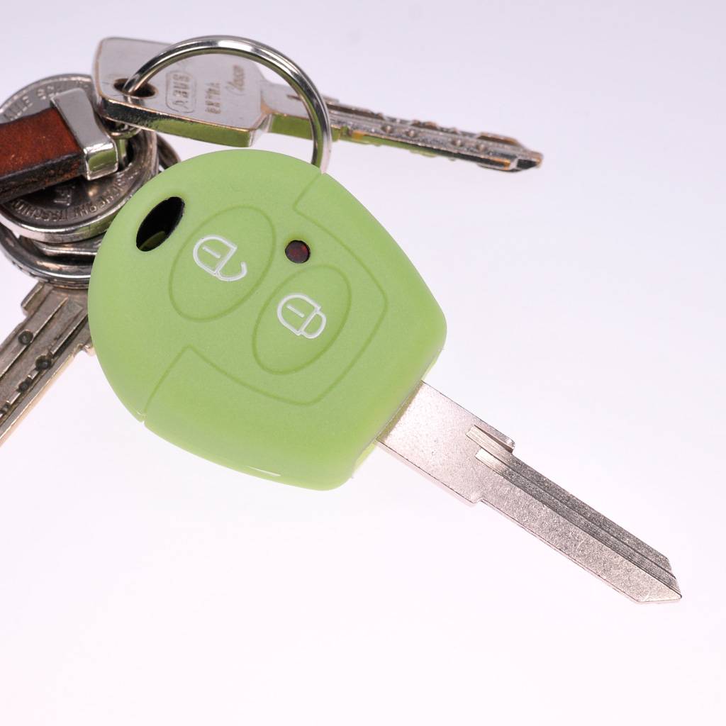 Auto Schlüssel Silikon Schutz Hülle + Schlüsselband Fluoreszierend Grün kompatibel mit VW SEAT Skoda T4 Fox Sharan Polo Cordoba 2 Tasten Funk Fern