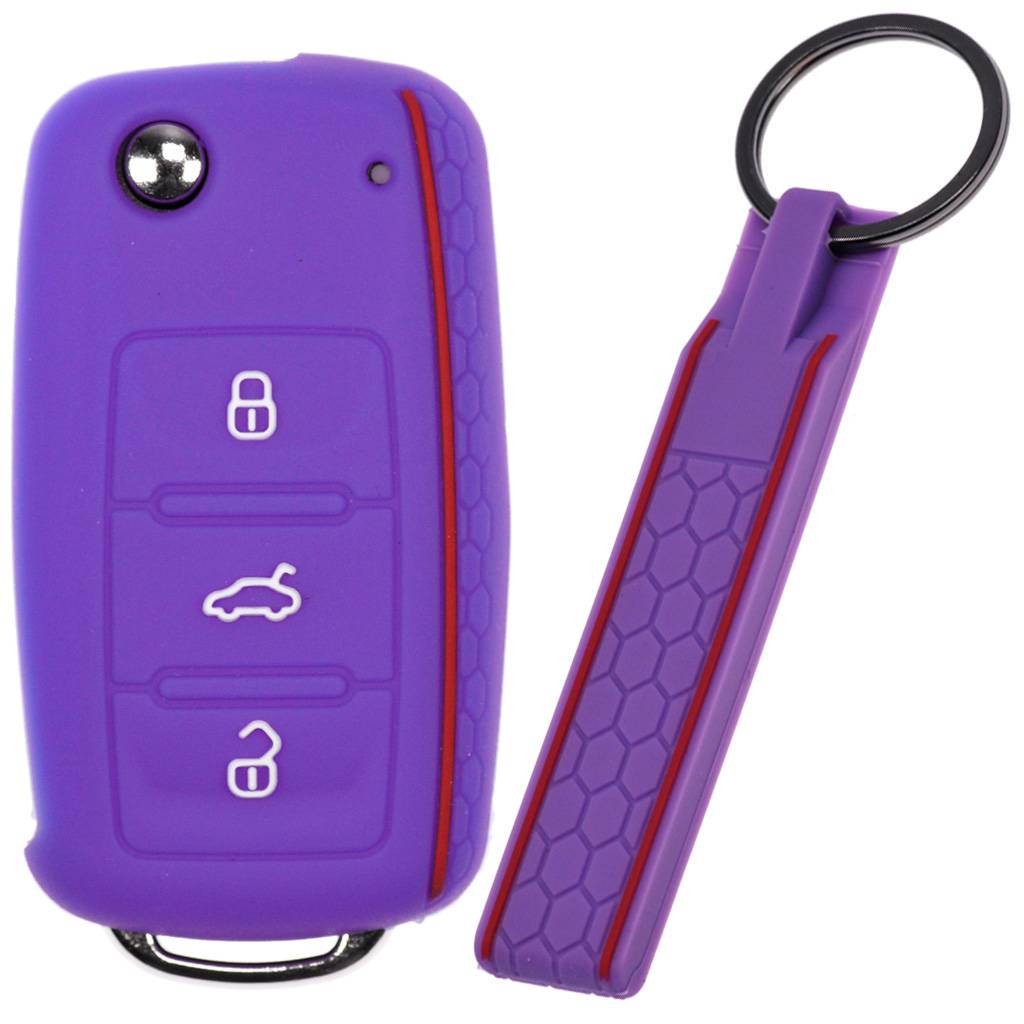 Auto Schlüssel Silikon Schutz Hülle + Schlüsselband im Wabe Design Lila kompatibel mit VW SEAT Skoda Golf 6 Octavia UP Leon 3 Tasten Klappschlüsse