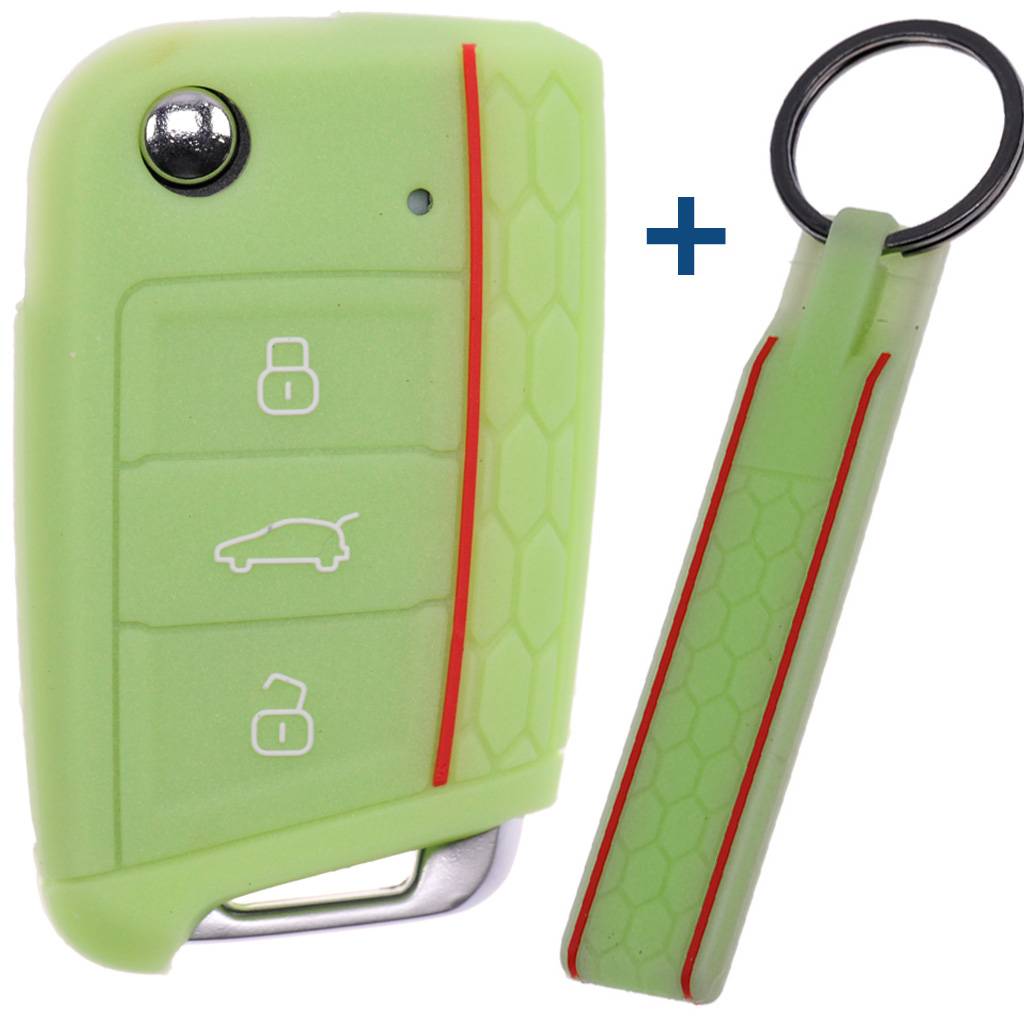 Auto Schlüssel Silikon Schutz Hülle + Schlüsselband im Wabe Design Fluoreszierend Grün kompatibel mit VW SEAT Skoda Golf 7 Leon Octavia 3 Tasten