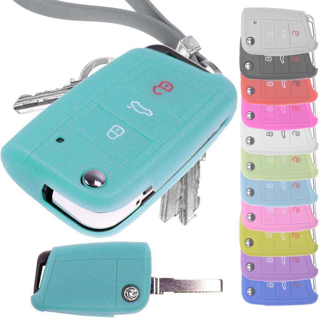 Auto Schlüssel Hülle Silikon Schutz Cover Fluoreszierend Blau kompatibel mit Golf 7 Polo 6C Seat Ateca Arona Leon Skoda Octavia Superb Kodiaq 3 Tast