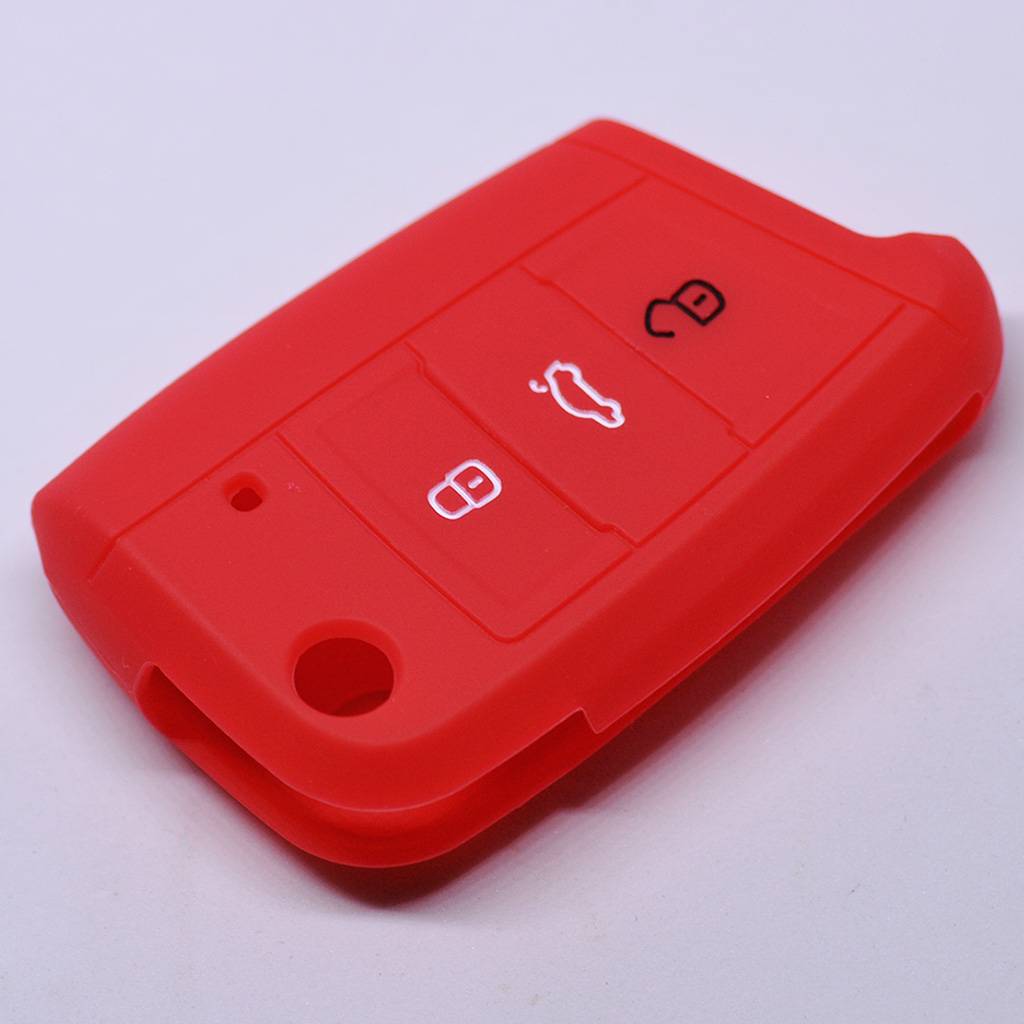Auto Schlüssel Hülle Silikon Schutz Cover Rot kompatibel mit Golf 7 Polo 6C Seat Ateca Arona Leon Skoda Octavia Superb Kodiaq 3 Tasten Klappschlüss