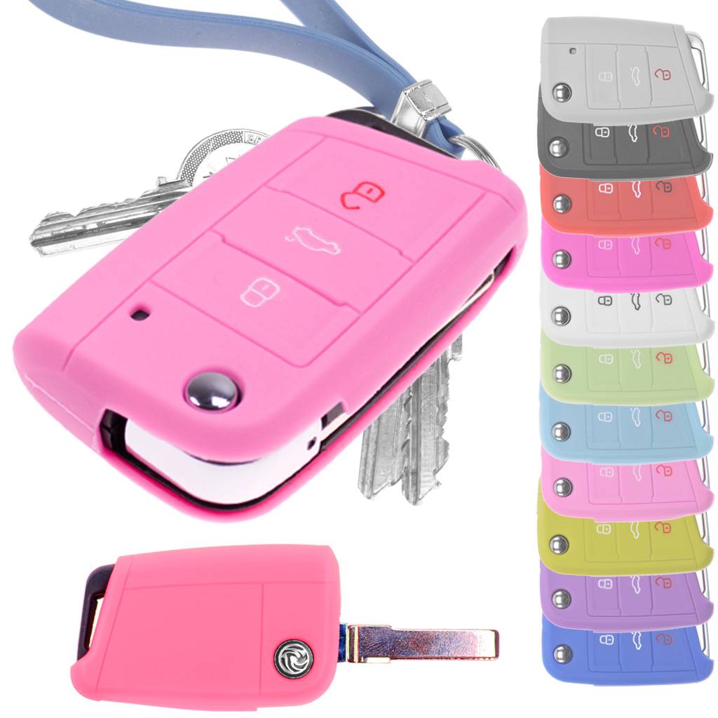 Auto Schlüssel Hülle Silikon Schutz Cover Rosa kompatibel mit Golf 7 Polo 6C Seat Ateca Arona Leon Skoda Octavia Superb Kodiaq 3 Tasten Klappschlüs