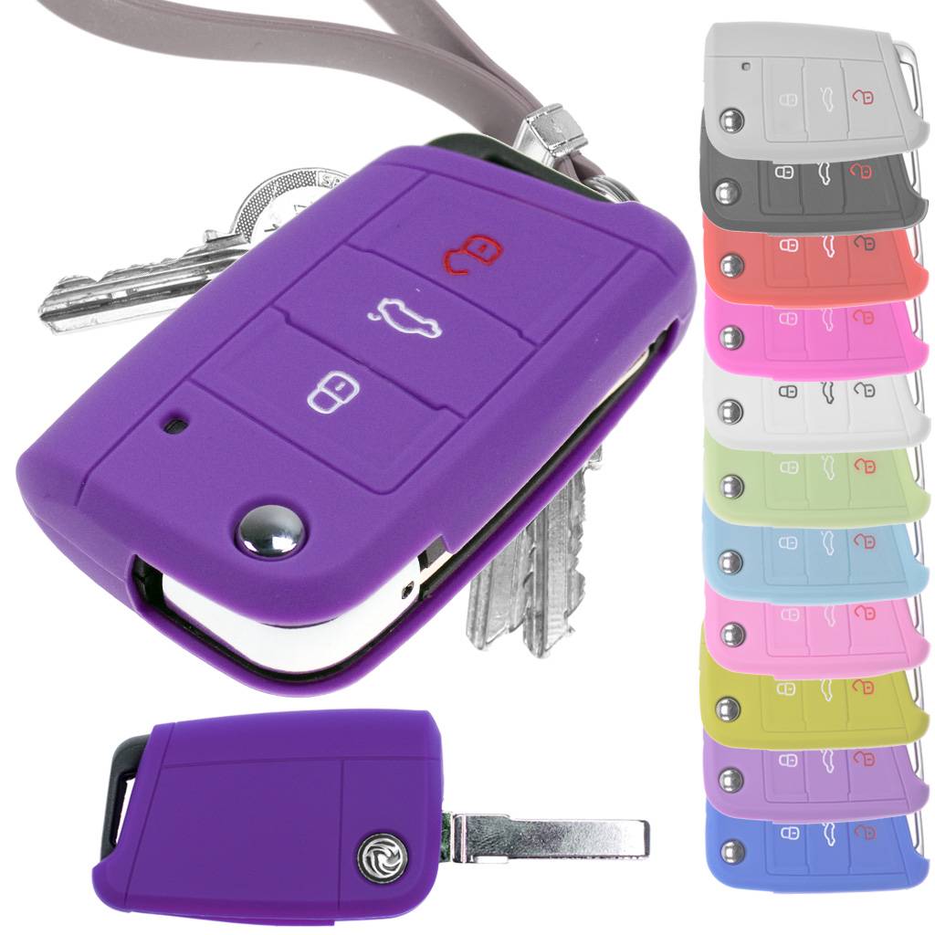 Auto Schlüssel Hülle Silikon Schutz Cover Lila kompatibel mit Golf 7 Polo 6C Seat Ateca Arona Leon Skoda Octavia Superb Kodiaq 3 Tasten Klappschlüs