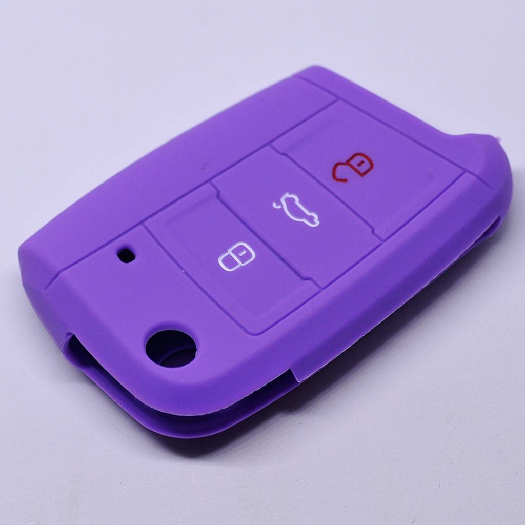 Auto Schlüssel Hülle Silikon Schutz Cover Lila kompatibel mit Golf 7 Polo 6C Seat Ateca Arona Leon Skoda Octavia Superb Kodiaq 3 Tasten Klappschlüs