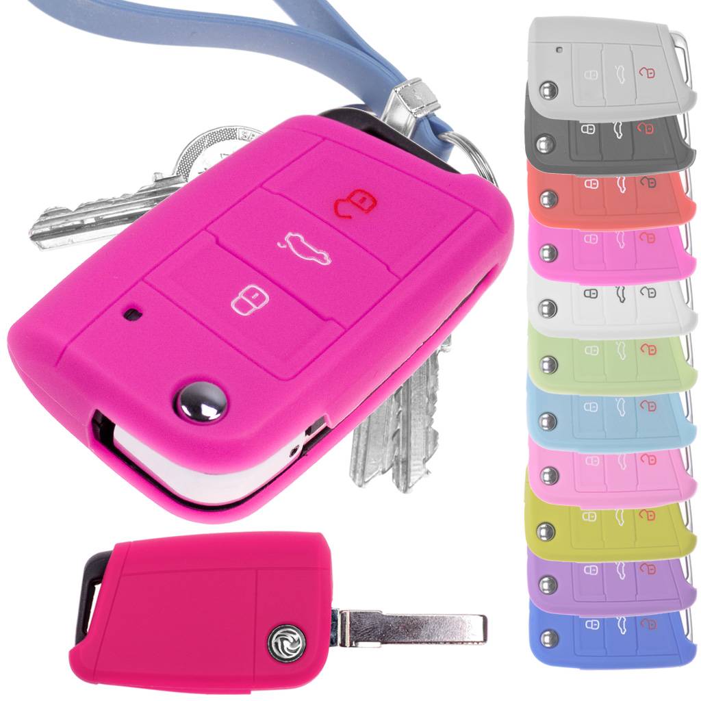 Auto Schlüssel Hülle Silikon Schutz Cover Pink kompatibel mit Golf 7 Polo 6C Seat Ateca Arona Leon Skoda Octavia Superb Kodiaq 3 Tasten Klappschlüs