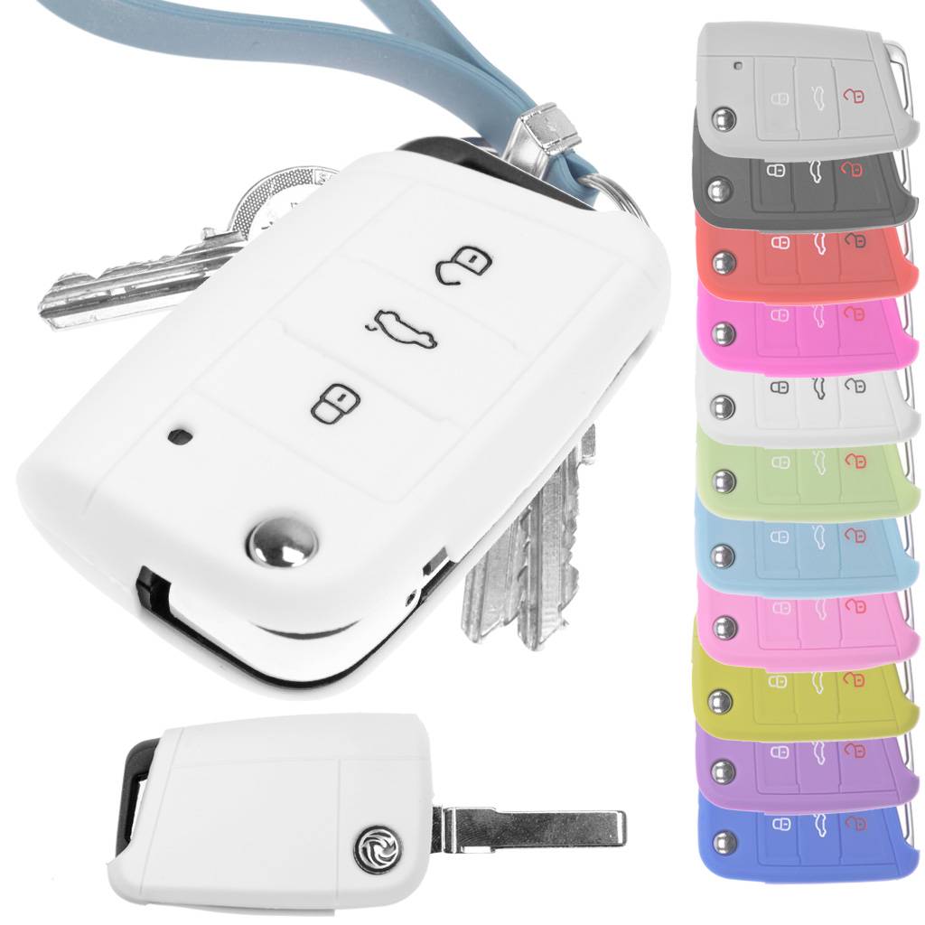Auto Schlüssel Hülle Silikon Schutz Cover Weiß kompatibel mit Golf 7 Polo 6C Seat Ateca Arona Leon Skoda Octavia Superb Kodiaq 3 Tasten Klappschlü