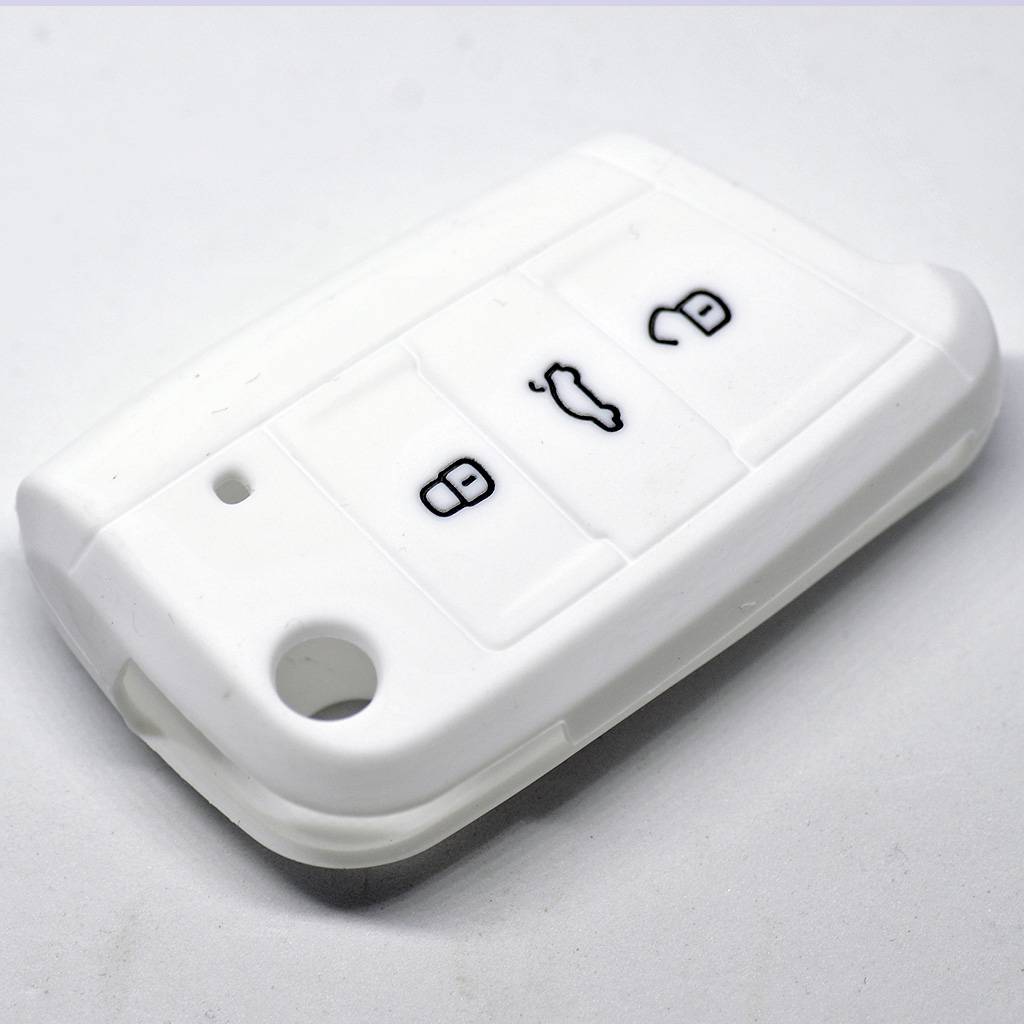 Auto Schlüssel Hülle Silikon Schutz Cover Weiß kompatibel mit Golf 7 Polo 6C Seat Ateca Arona Leon Skoda Octavia Superb Kodiaq 3 Tasten Klappschlü