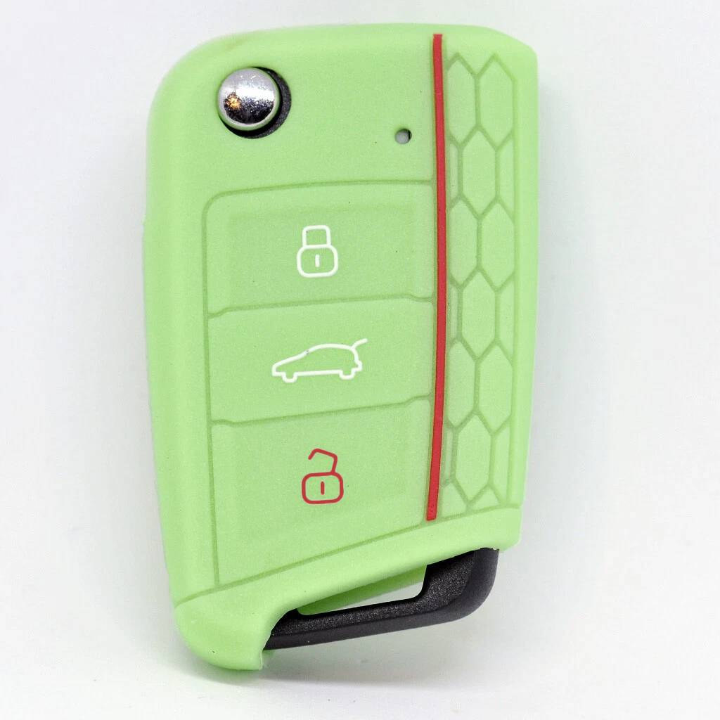 Auto Schlüssel Hülle Silikon Schutz Cover im Wabe Design Fluoreszierend Grün kompatibel mit Golf 7 Polo 6C Seat Ateca Arona Leon Skoda Octavia Supe