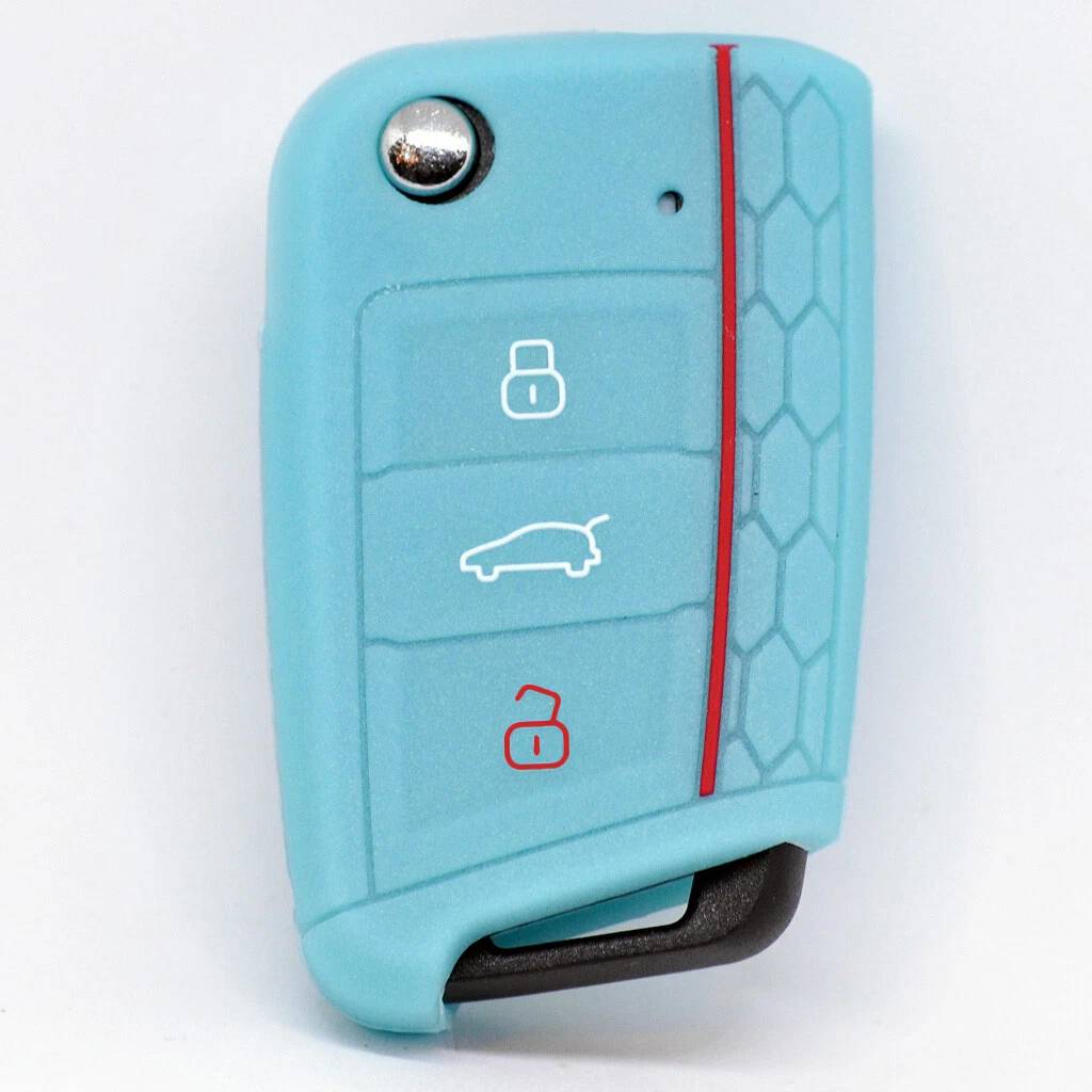 Auto Schlüssel Hülle Silikon Schutz Cover im Wabe Design Fluoreszierend Blau kompatibel mit Golf 7 Polo 6C Seat Ateca Arona Leon Skoda Octavia Super