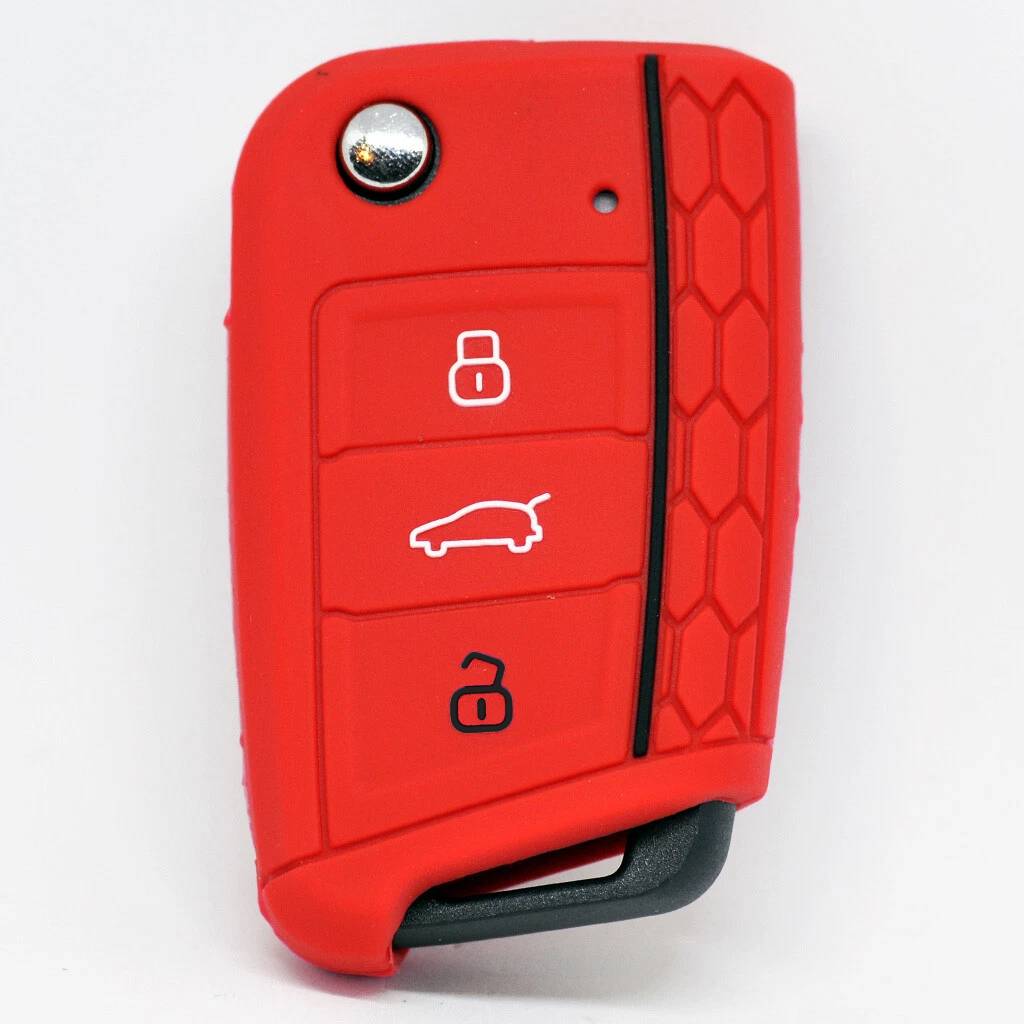 Auto Schlüssel Hülle Silikon Schutz Cover im Wabe Design Rot kompatibel mit Golf 7 Polo 6C Seat Ateca Arona Leon Skoda Octavia Superb Kodiaq 3 Taste