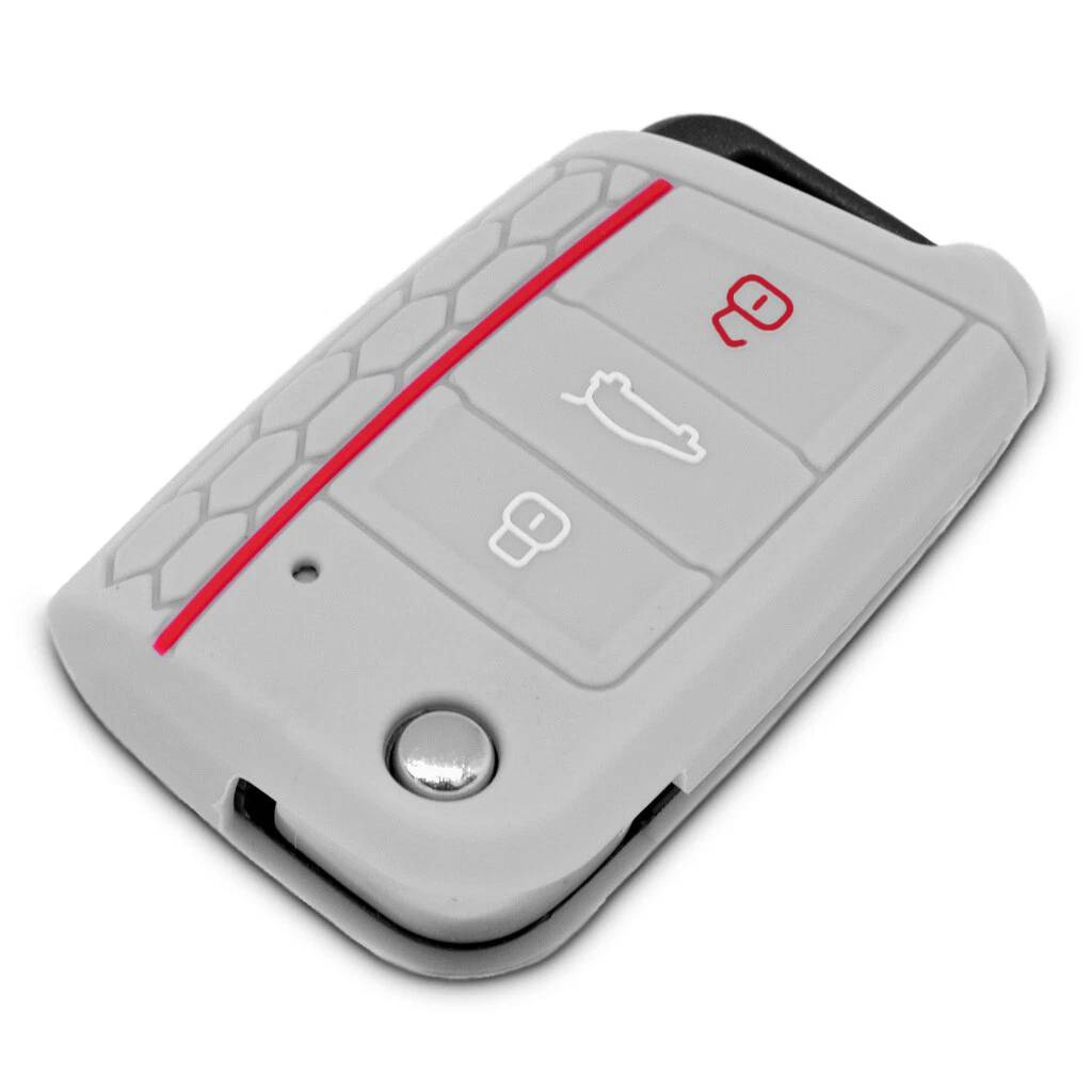 Auto Schlüssel Hülle Silikon Schutz Cover im Wabe Design Grau kompatibel mit Golf 7 Polo 6C Seat Ateca Arona Leon Skoda Octavia Superb Kodiaq 3 Tast