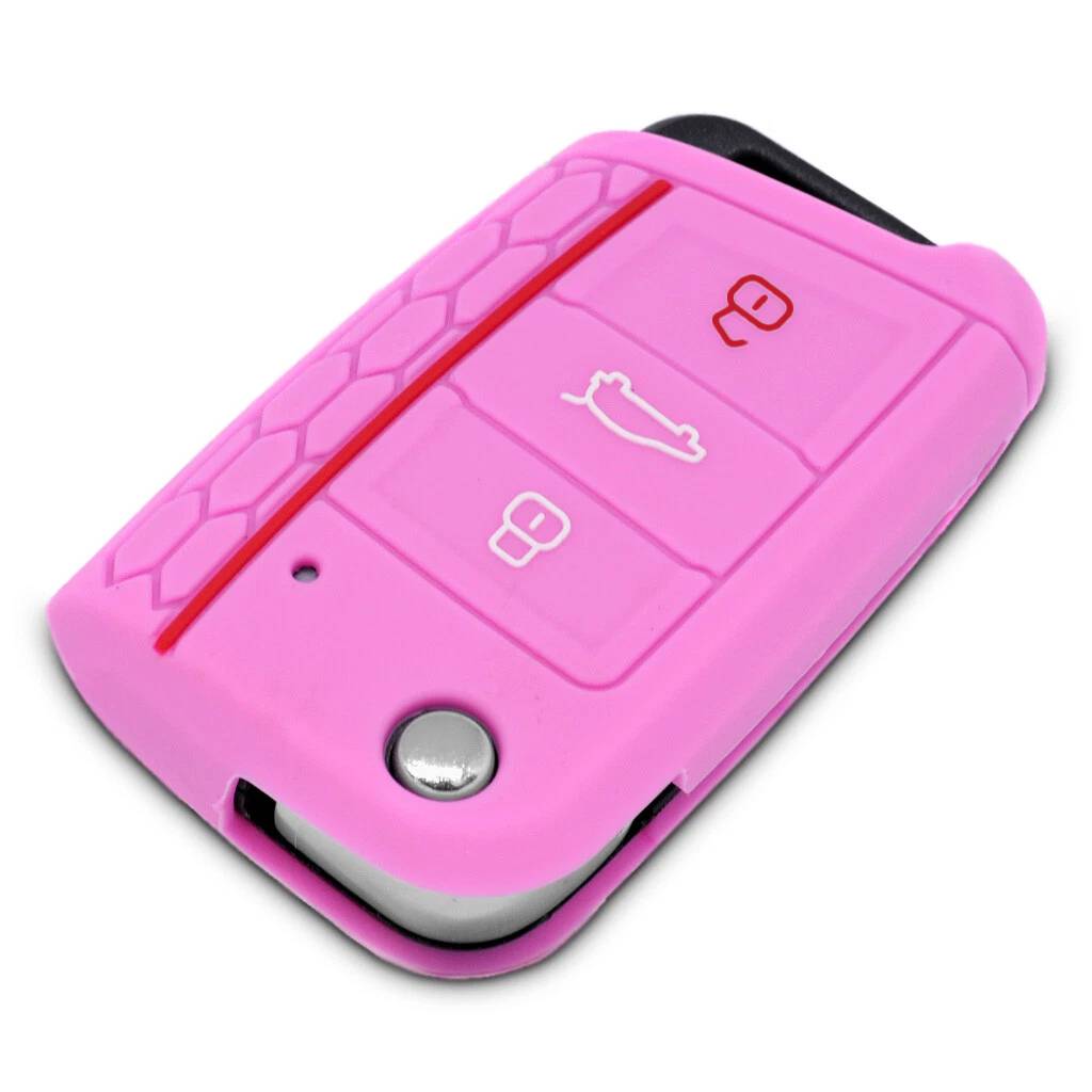 Auto Schlüssel Hülle Silikon Schutz Cover im Wabe Design Rosa kompatibel mit Golf 7 Polo 6C Seat Ateca Arona Leon Skoda Octavia Superb Kodiaq 3 Tast