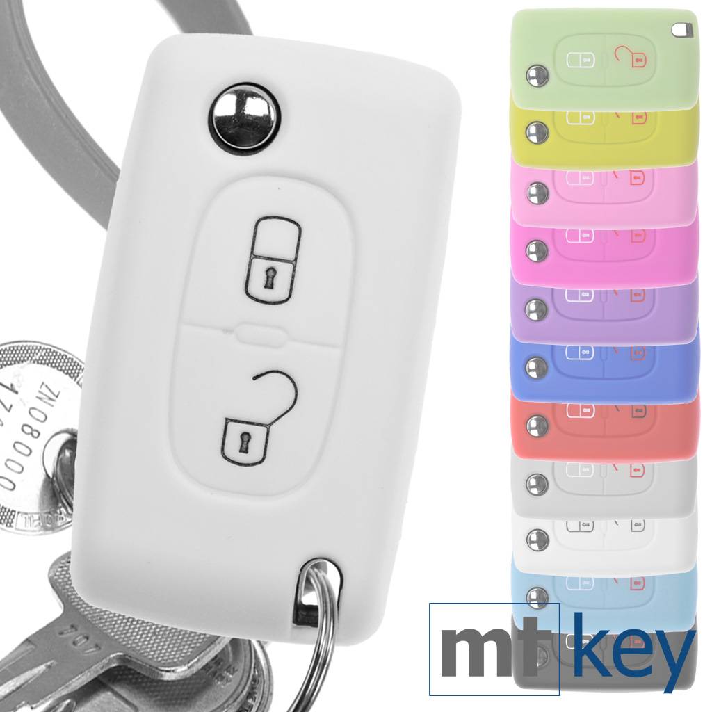 Auto Schlüssel Hülle Silikon Schutz Cover Weiß kompatibel mit Citroen Berlingo C2 C3 Peugeot 207 307 308 2 Tasten Klappschlüssel