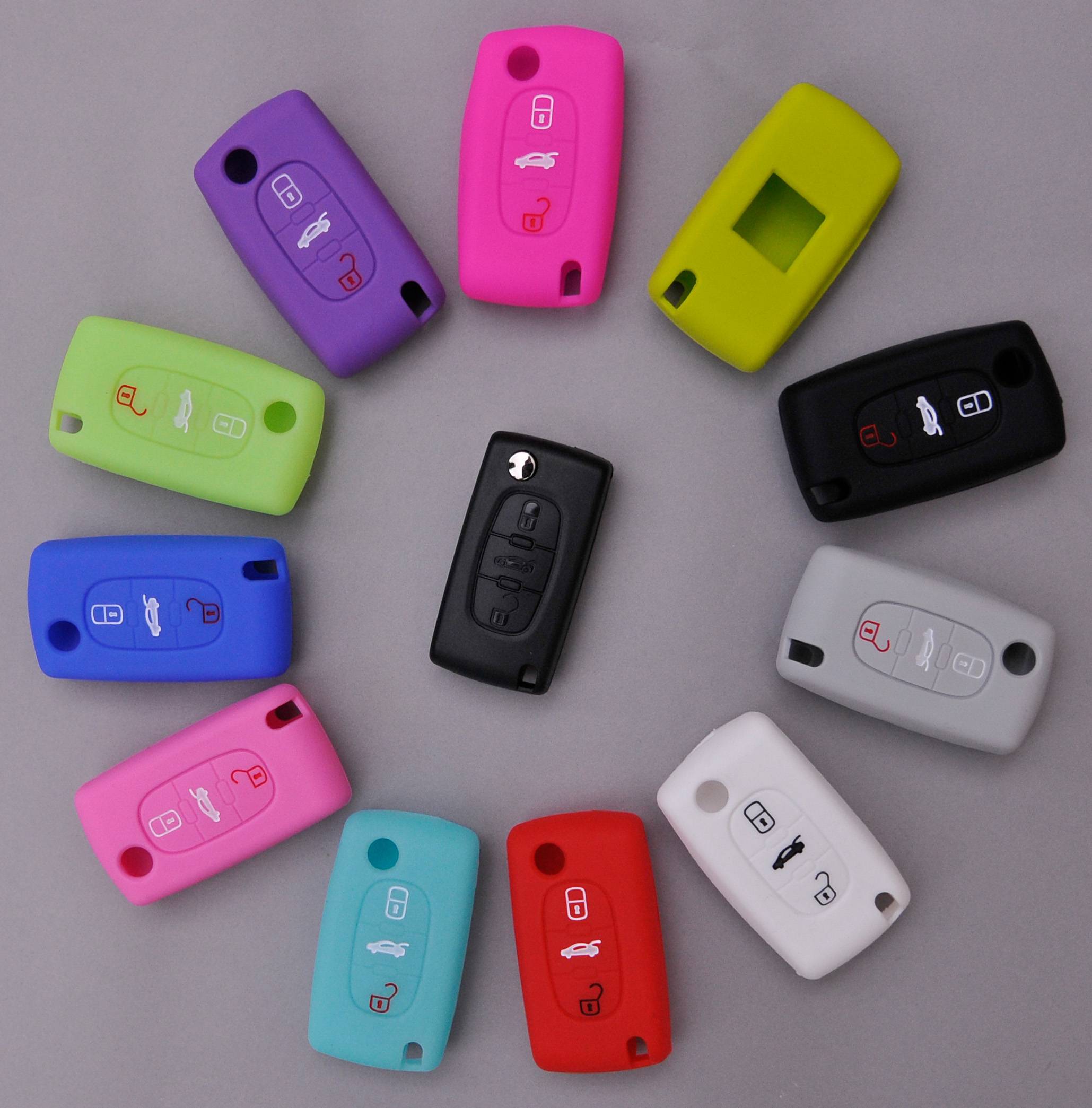 Auto Schlüssel Hülle Silikon Schutz Cover Rosa kompatibel mit Peugeot 307 308 I 407 Expert RCZ Citroen C4 C5 III 3 Tasten Klappschlüssel