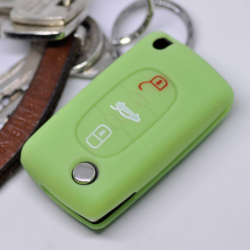 Auto Schlüssel Hülle Silikon Schutz Cover Fluoreszierend Grün kompatibel mit Peugeot 307 308 I 407 Expert RCZ Citroen C4 C5 III 3 Tasten Klappschl