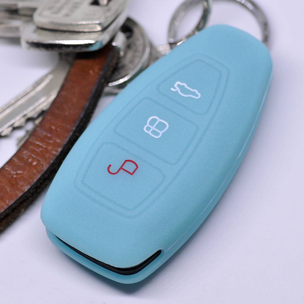 Auto Schlüssel Hülle Silikon Schutz Cover Fluoreszierend Blau kompatibel mit Ford C-Max S-Max B-Max Galaxy Focus Mondeo Fiesta Kuga 3 Tasten KEYLESS