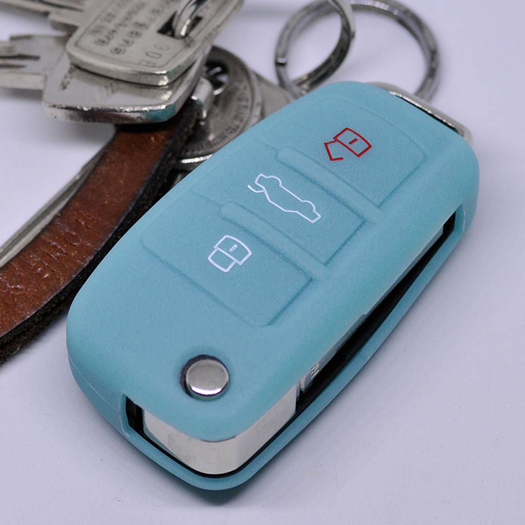 Auto Schlüssel Hülle Silikon Schutz Cover Fluoreszierend Blau kompatibel mit Audi A1 S1 A3 S3 A4 A6 S6 TT Q3 Q7 R8 8P 8V B7 C6 8J 8U 4L 8X 3 Tasten