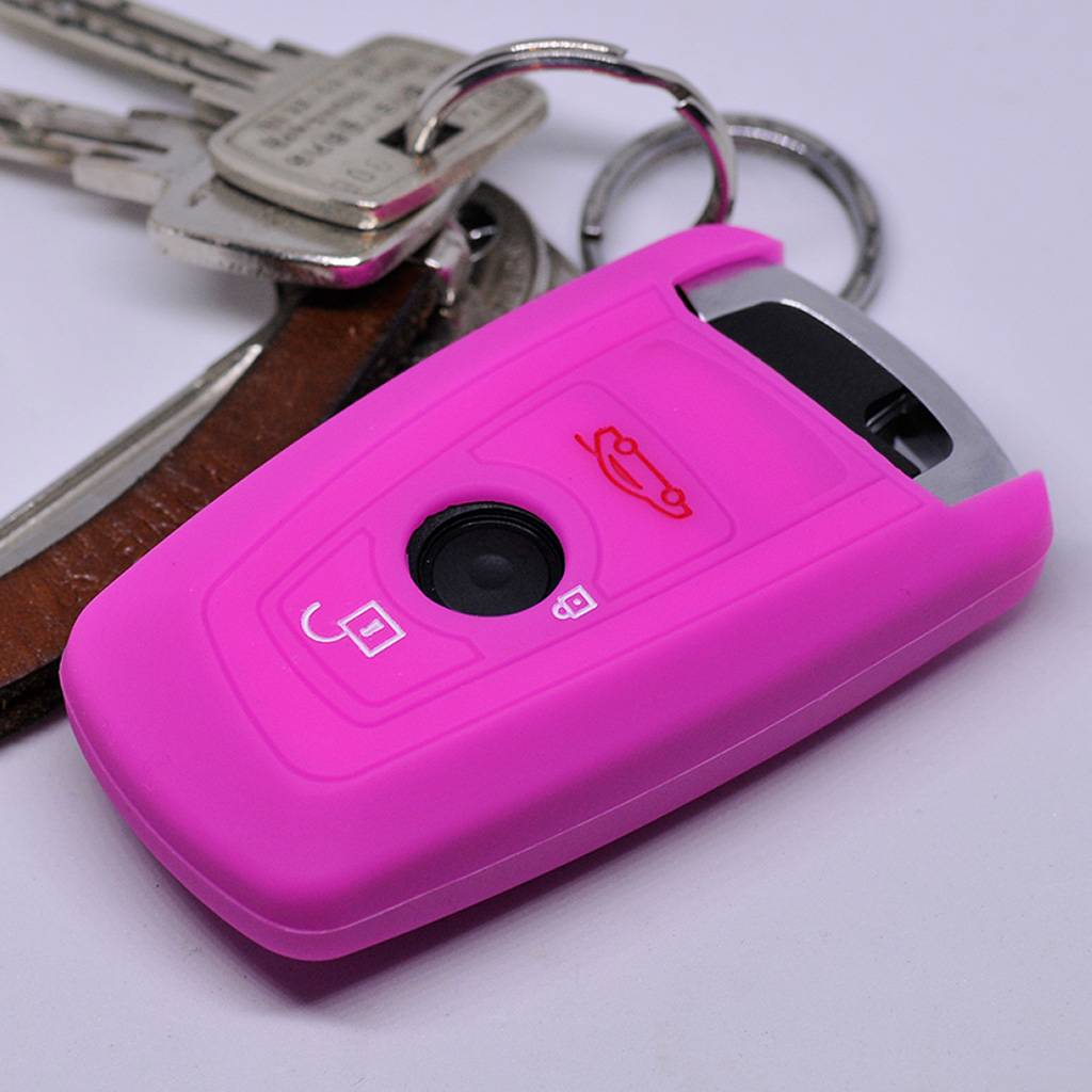 Auto Schlüssel Hülle Silikon Schutz Cover Pink kompatibel mit BMW F20 F13 F30 F31 F32 F33 F22 1er 2er 3er 4er F10 F25 F07 F11 3 Tasten KEYLESS SMART