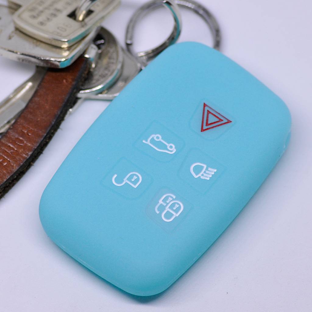 Auto Schlüssel Hülle Silikon Schutz Cover Fluoreszierend Blau kompatibel mit Land Rover Discovery IV Range Rover Sport Evoque 2009-2017 5 Tasten KEY