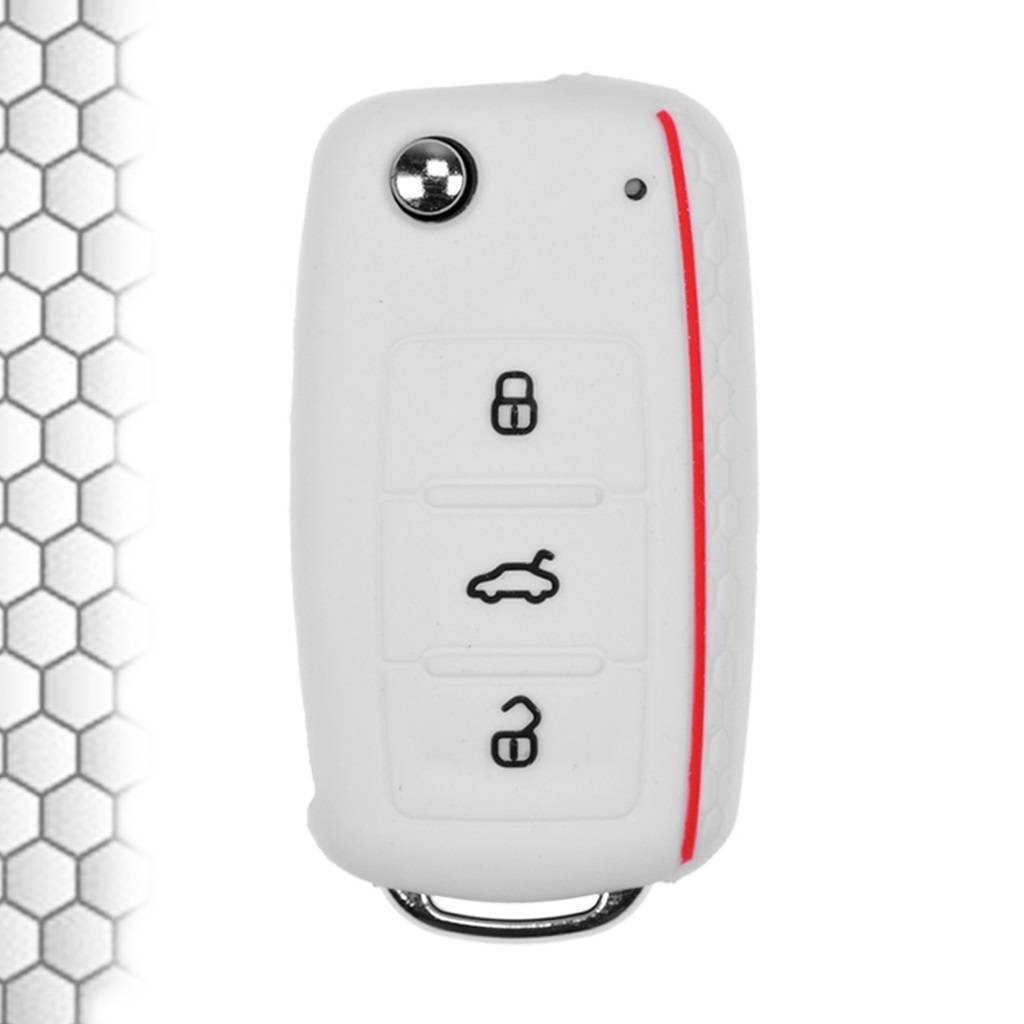 Auto Schlüssel Hülle Silikon Schutz Cover im Wabe Design Weiß kompatibel mit VW SEAT Skoda Golf 6 Octavia UP Leon ab 11/2009 3 Tasten Klappschlüss