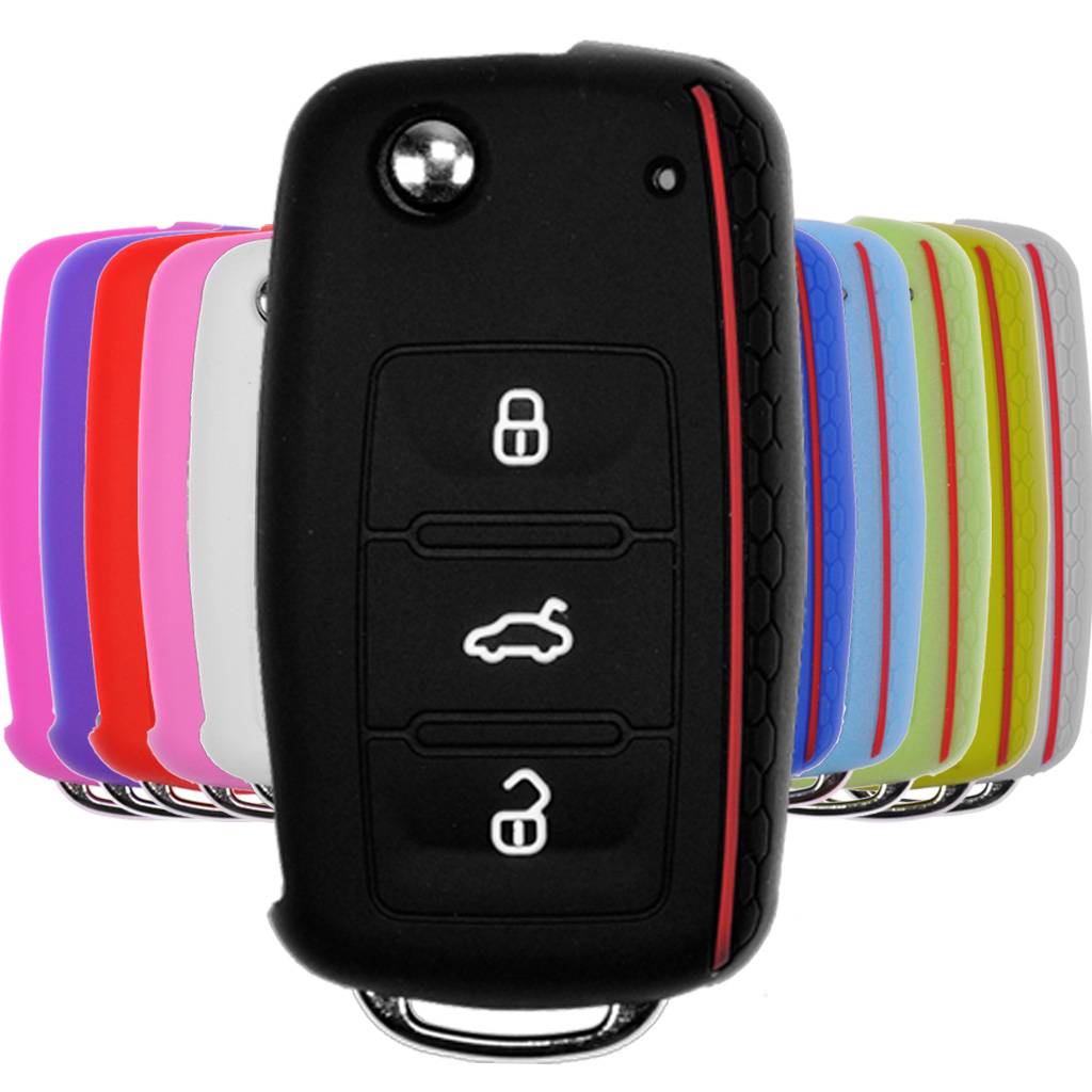 Auto Schlüssel Hülle Silikon Schutz Cover im Wabe Design Schwarz kompatibel mit VW SEAT Skoda Golf 6 Octavia UP Leon ab 11/2009 3 Tasten Klappschlü