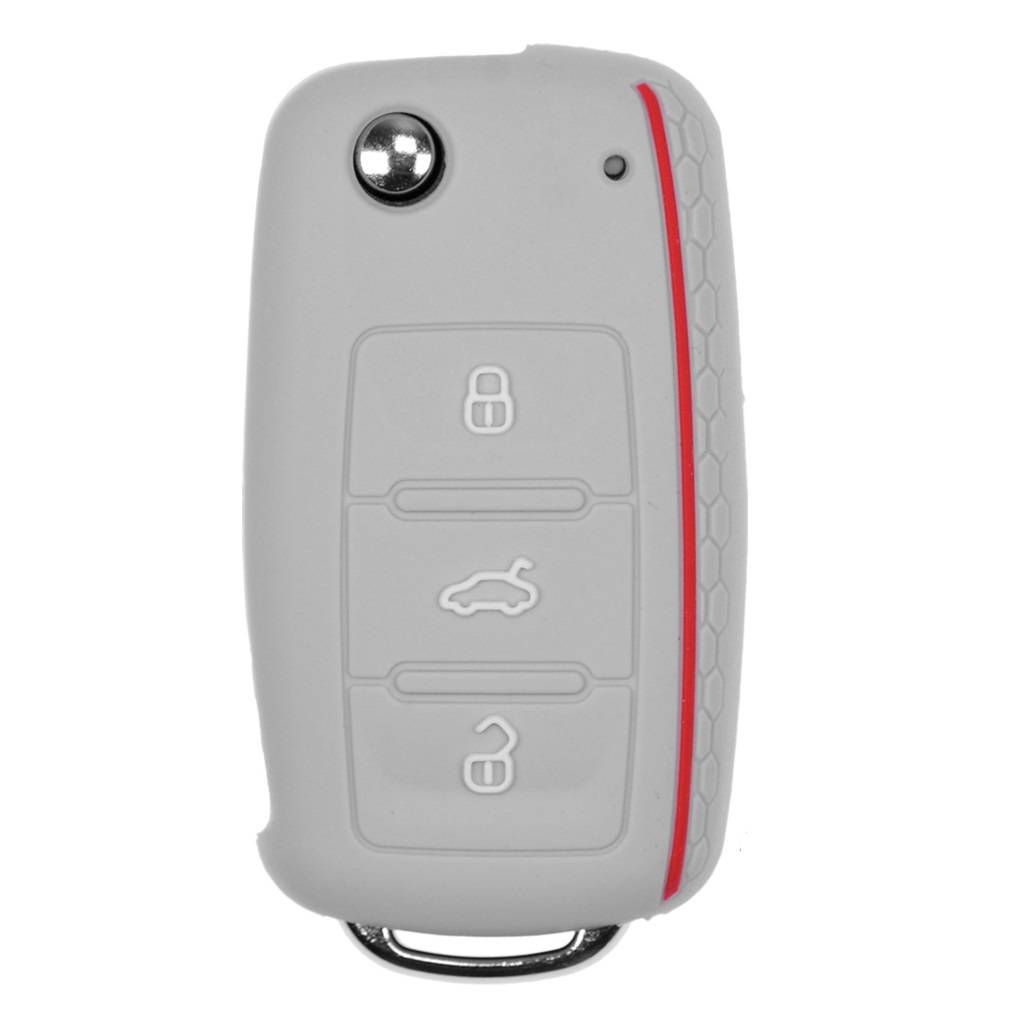 Auto Schlüssel Hülle Silikon Schutz Cover im Wabe Design Grau kompatibel mit VW SEAT Skoda Golf 6 Octavia UP Leon ab 11/2009 3 Tasten Klappschlüsse