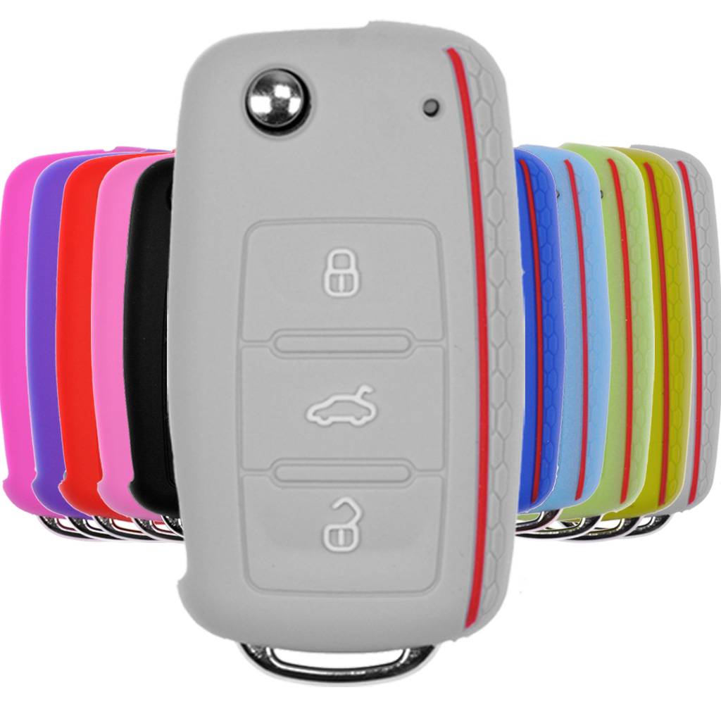 Auto Schlüssel Hülle Silikon Schutz Cover im Wabe Design Grau kompatibel mit VW SEAT Skoda Golf 6 Octavia UP Leon ab 11/2009 3 Tasten Klappschlüsse