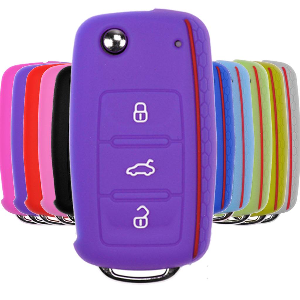 Auto Schlüssel Hülle Silikon Schutz Cover im Wabe Design Lila kompatibel mit VW SEAT Skoda Golf 6 Octavia UP Leon ab 11/2009 3 Tasten Klappschlüsse